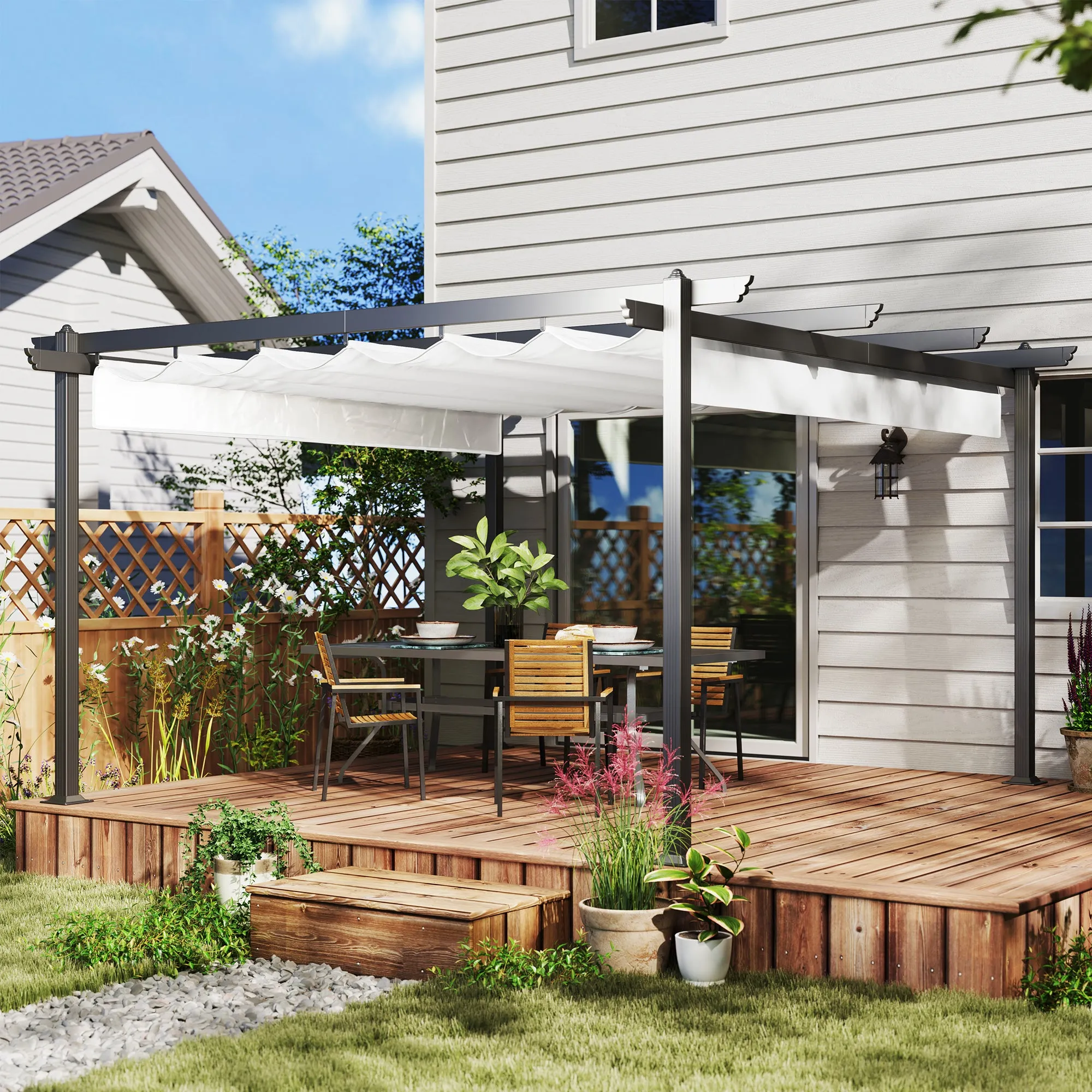 Gazebo Pergola 4x4 m with Retractable Roof, 8 Screws and 8 Pegs in Aluminum, Polyester and Metal, White - Image 2