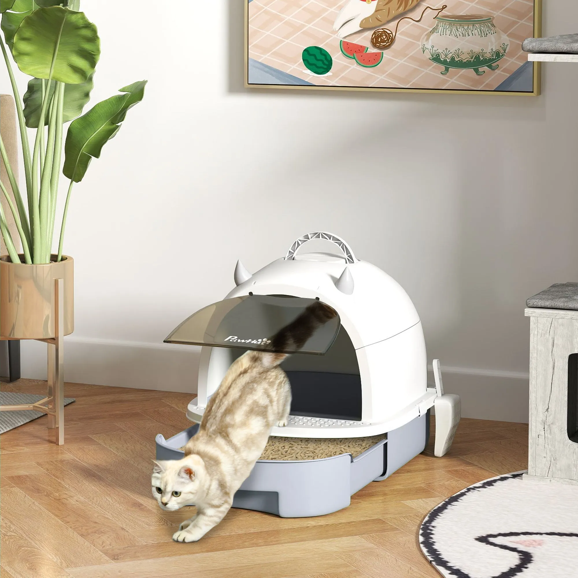 Closed Cat Litter Box with Removable Tray, Scoop and Activated Carbon Filter, Grey - Image 2