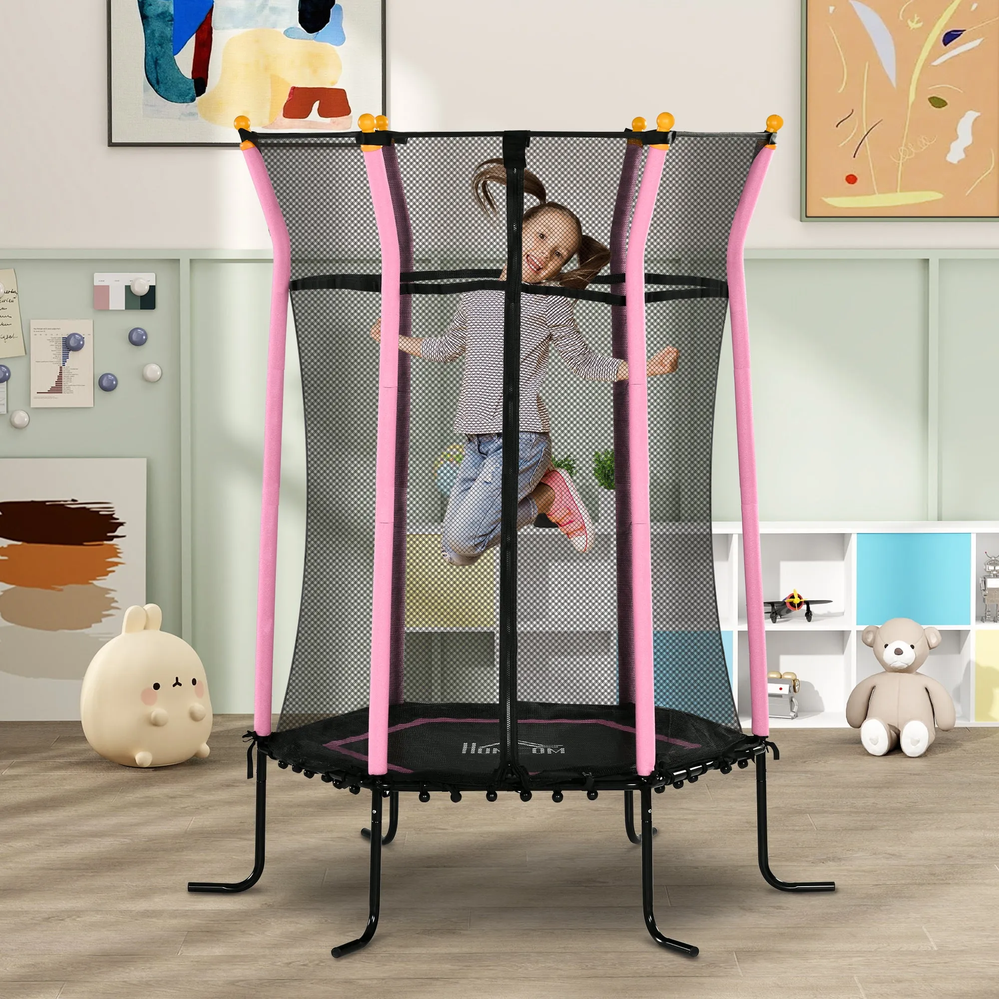 Children's Trampoline with Hinged Entry and Padded Poles, in Steel, PP and EPE, Ø163.5x190 cm, Pink - Image 2