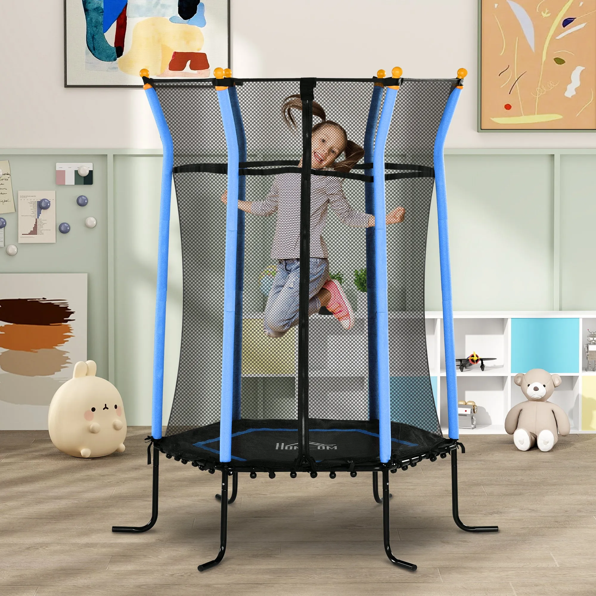 Children's Trampoline with Hinged Entry and Padded Poles, in Steel, PP and EPE, Ø163.5x190 cm, Light Blue - Image 2