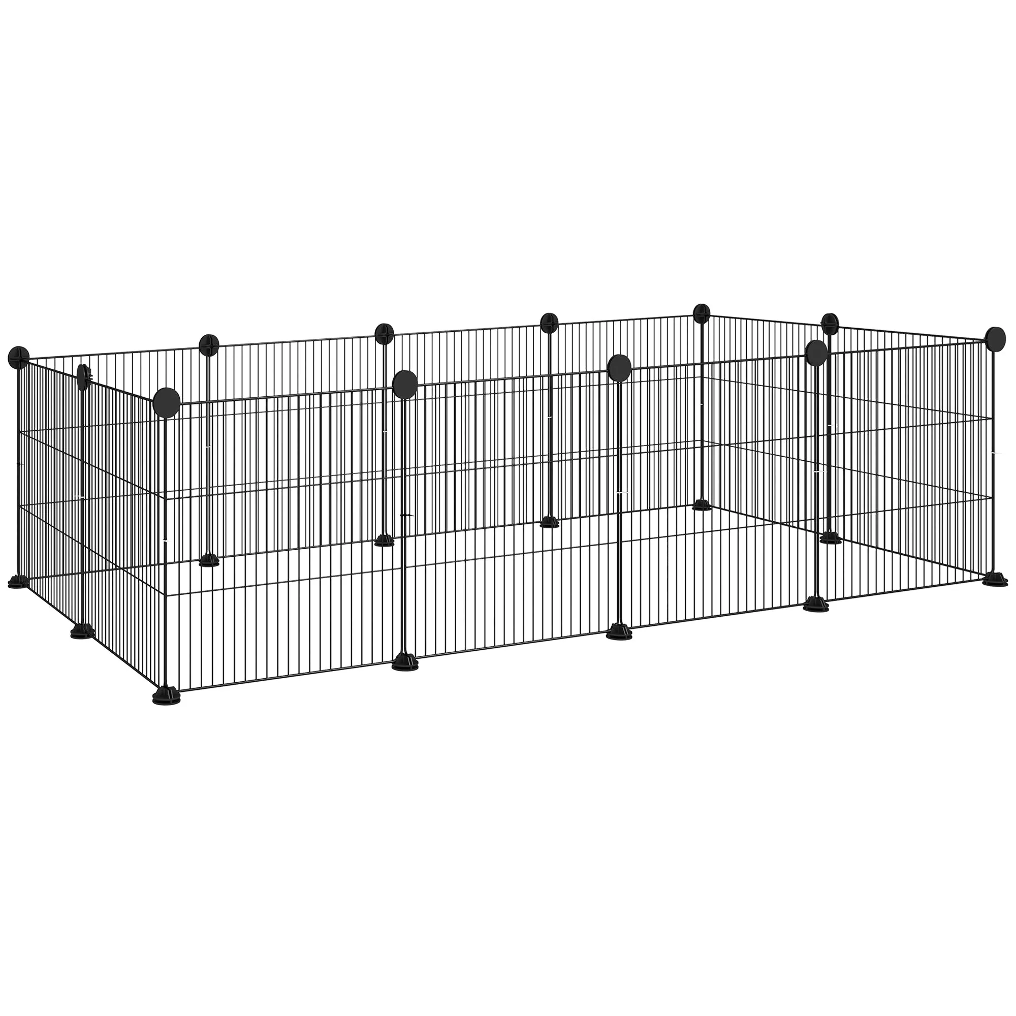 Modular Animal Run with 12 Panels 35x35 cm and Rounded Edges, Metal and ABS, 140x70x35 cm, Black