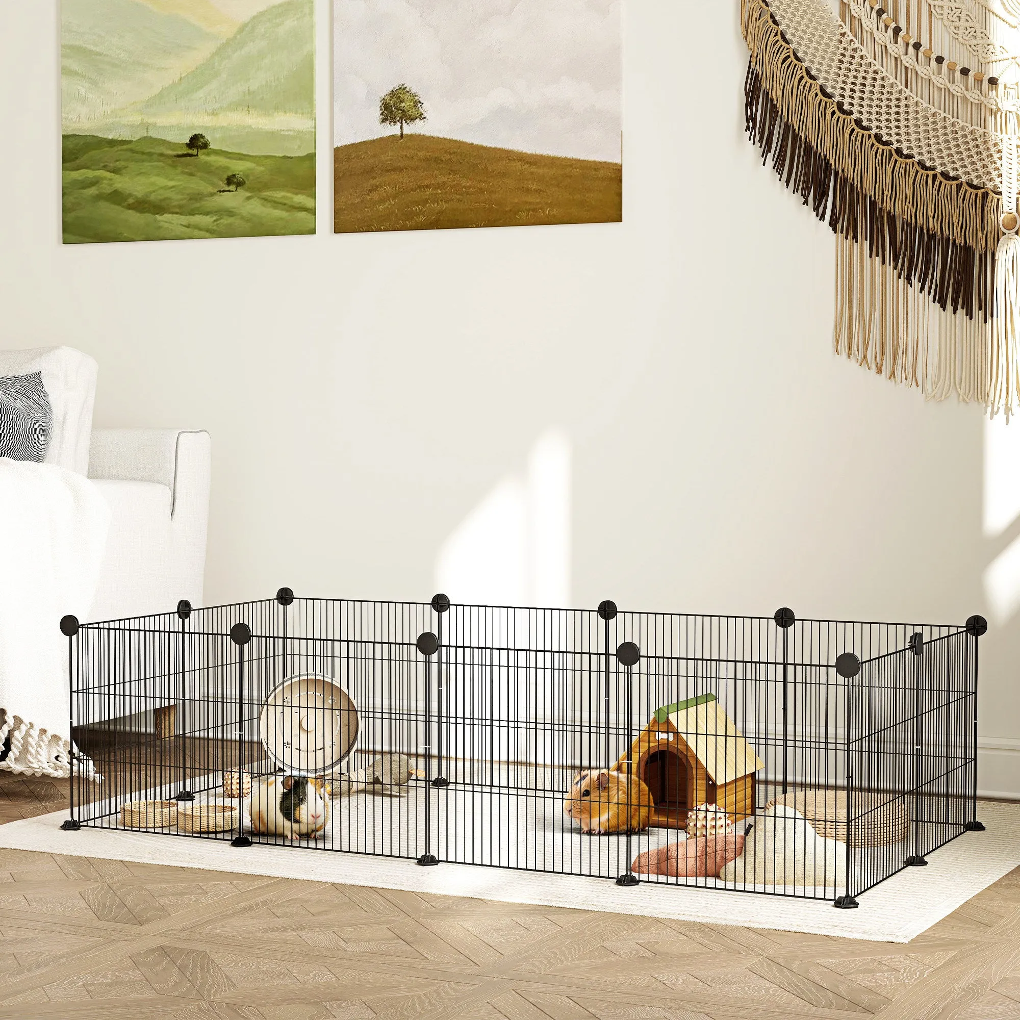 Modular Animal Run with 12 Panels 35x35 cm and Rounded Edges, Metal and ABS, 140x70x35 cm, Black - Image 2