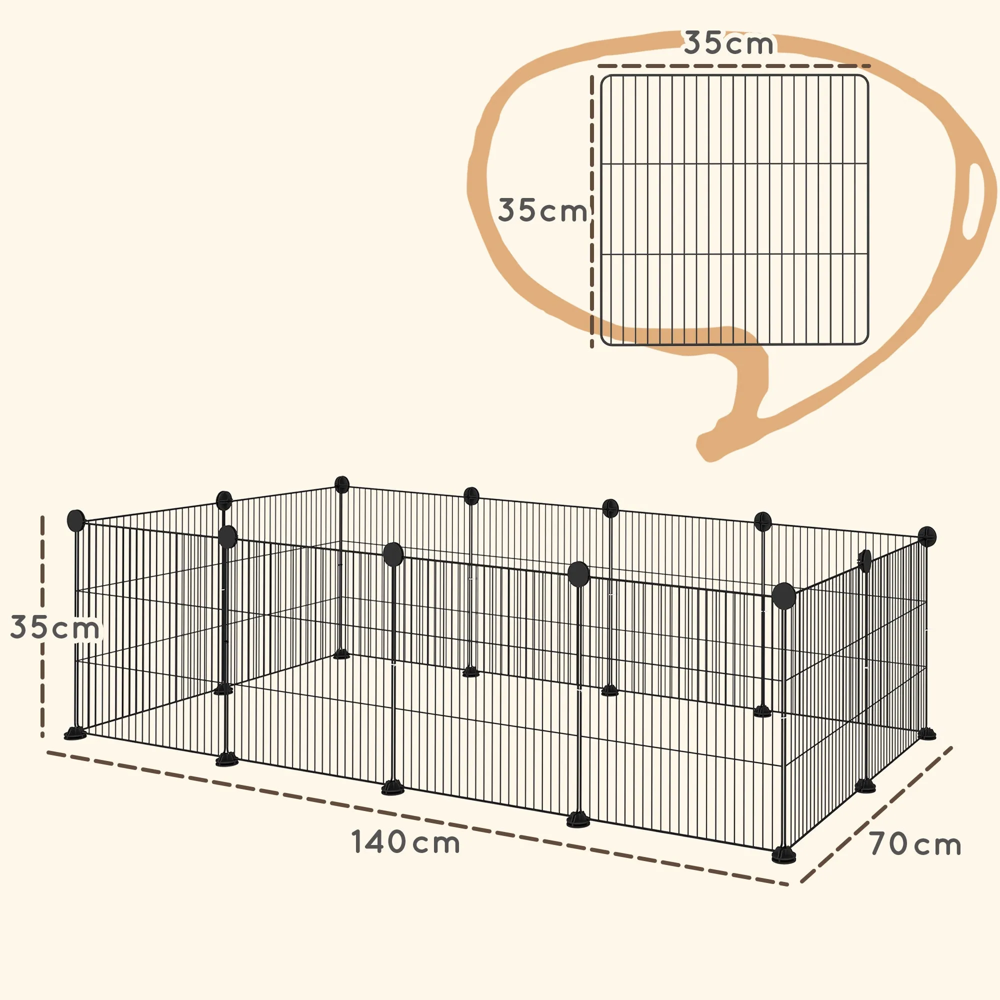 Modular Animal Run with 12 Panels 35x35 cm and Rounded Edges, Metal and ABS, 140x70x35 cm, Black - Image 3