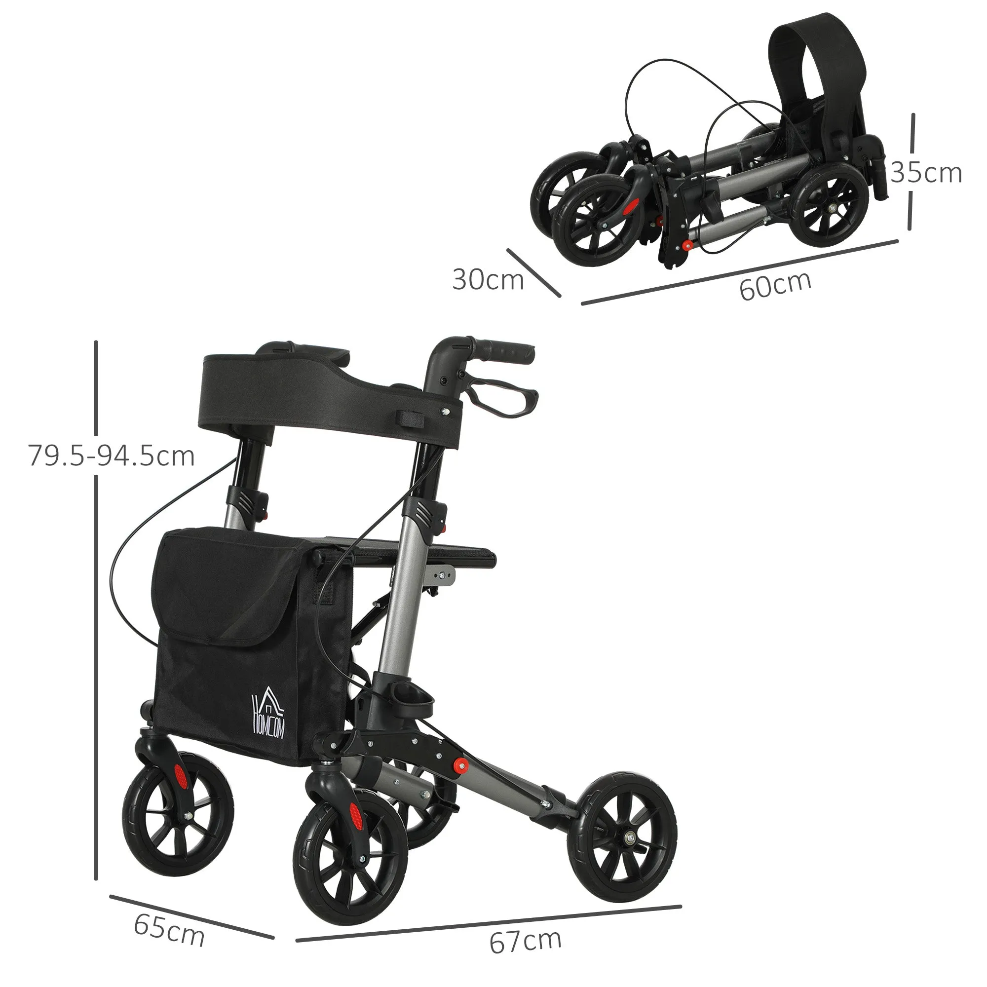 Height-Adjustable Aluminum Folding Walker with Bag, 67x65x79.5-94 cm, Black and Silver - Image 3
