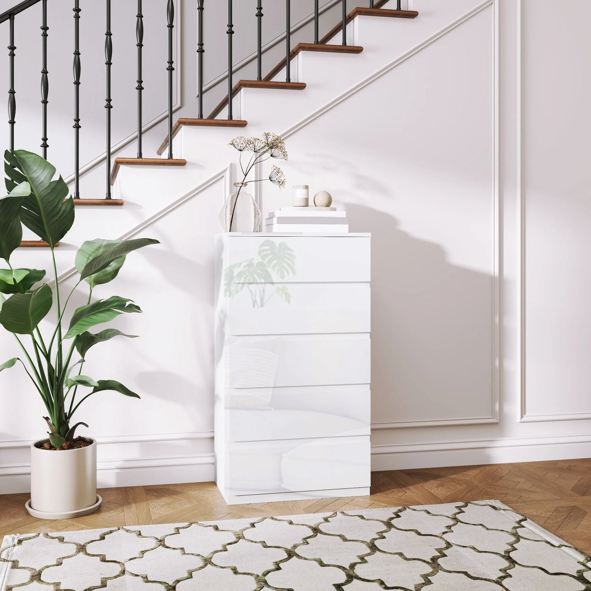 Modern 5-Drawer Anti-Tip Wooden Chest of Drawers, 55x33x100 cm, Glossy White - Image 2