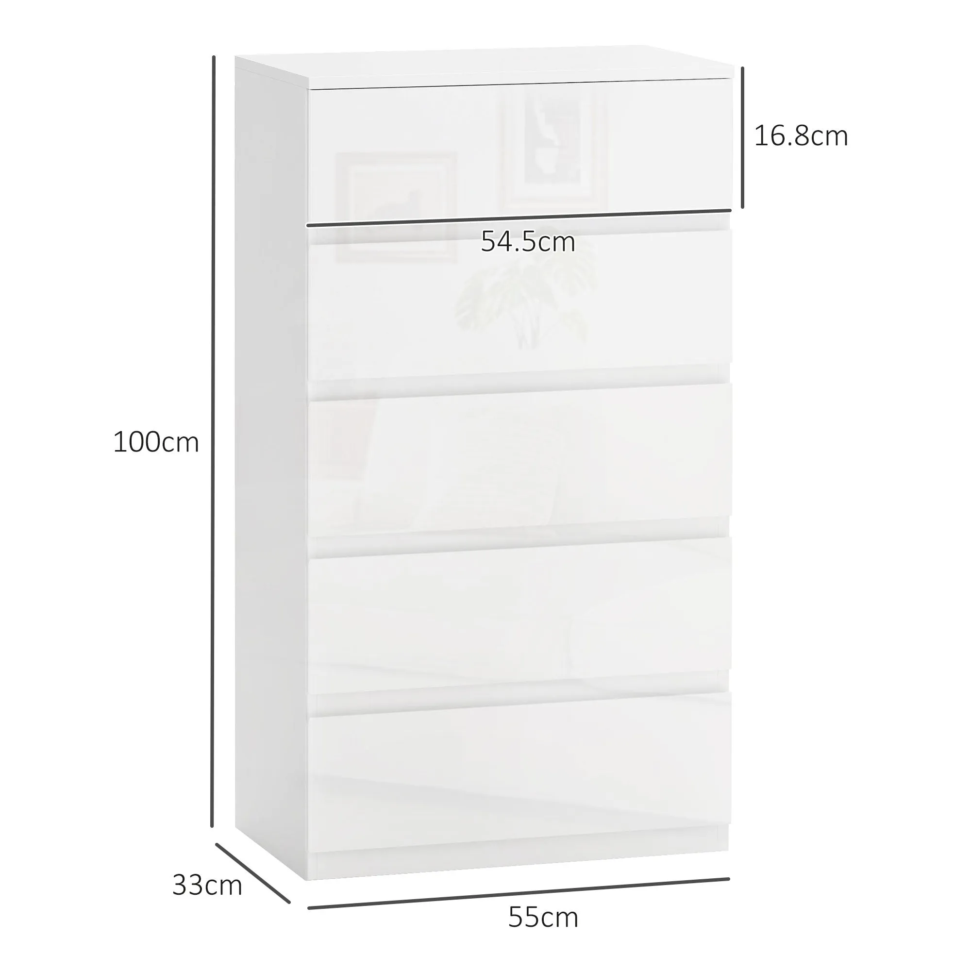 Modern 5-Drawer Anti-Tip Wooden Chest of Drawers, 55x33x100 cm, Glossy White - Image 3