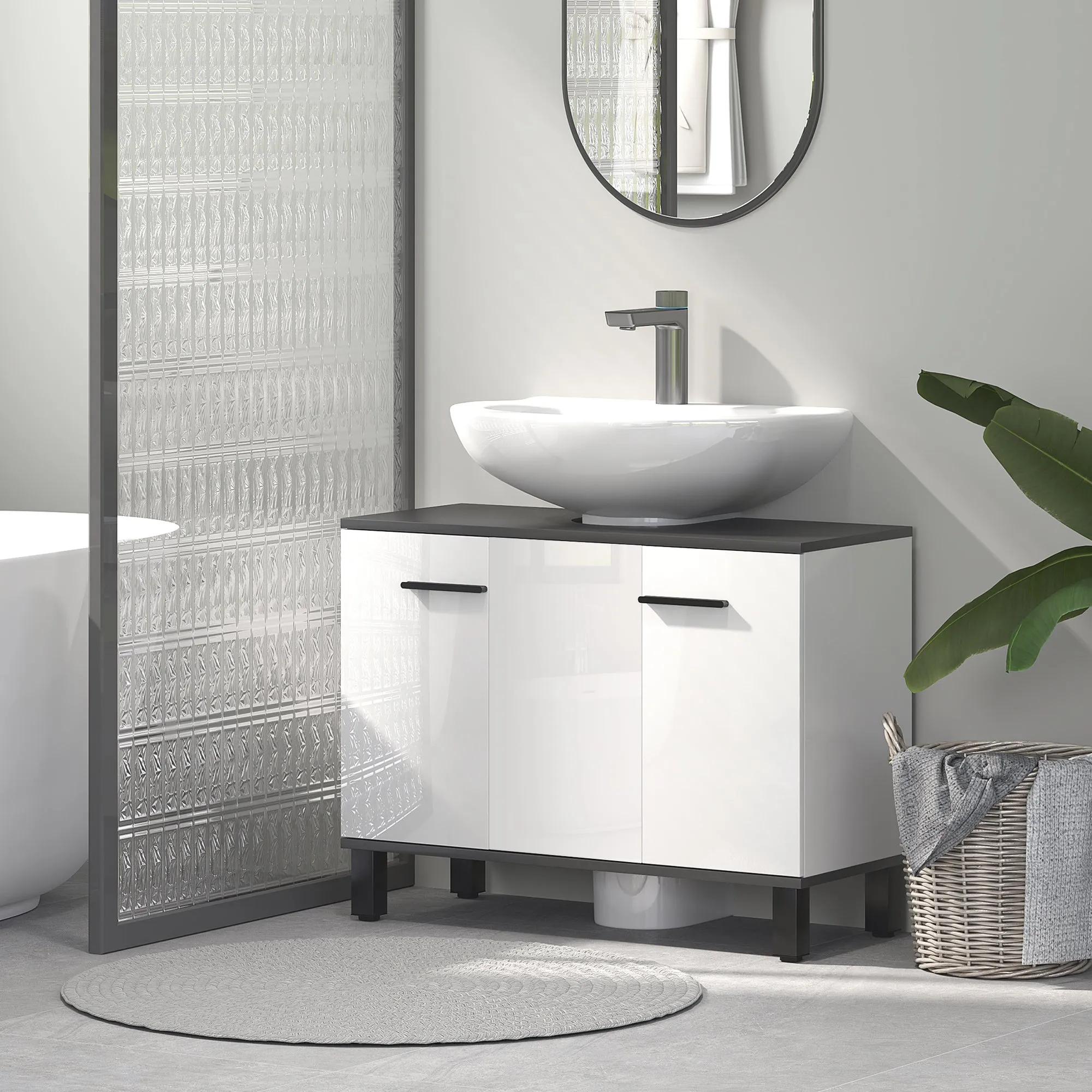 Bathroom Vanity Unit with 2-Door Cabinet and Adjustable Shelf, 80x34x60 cm, Glossy White - Image 2