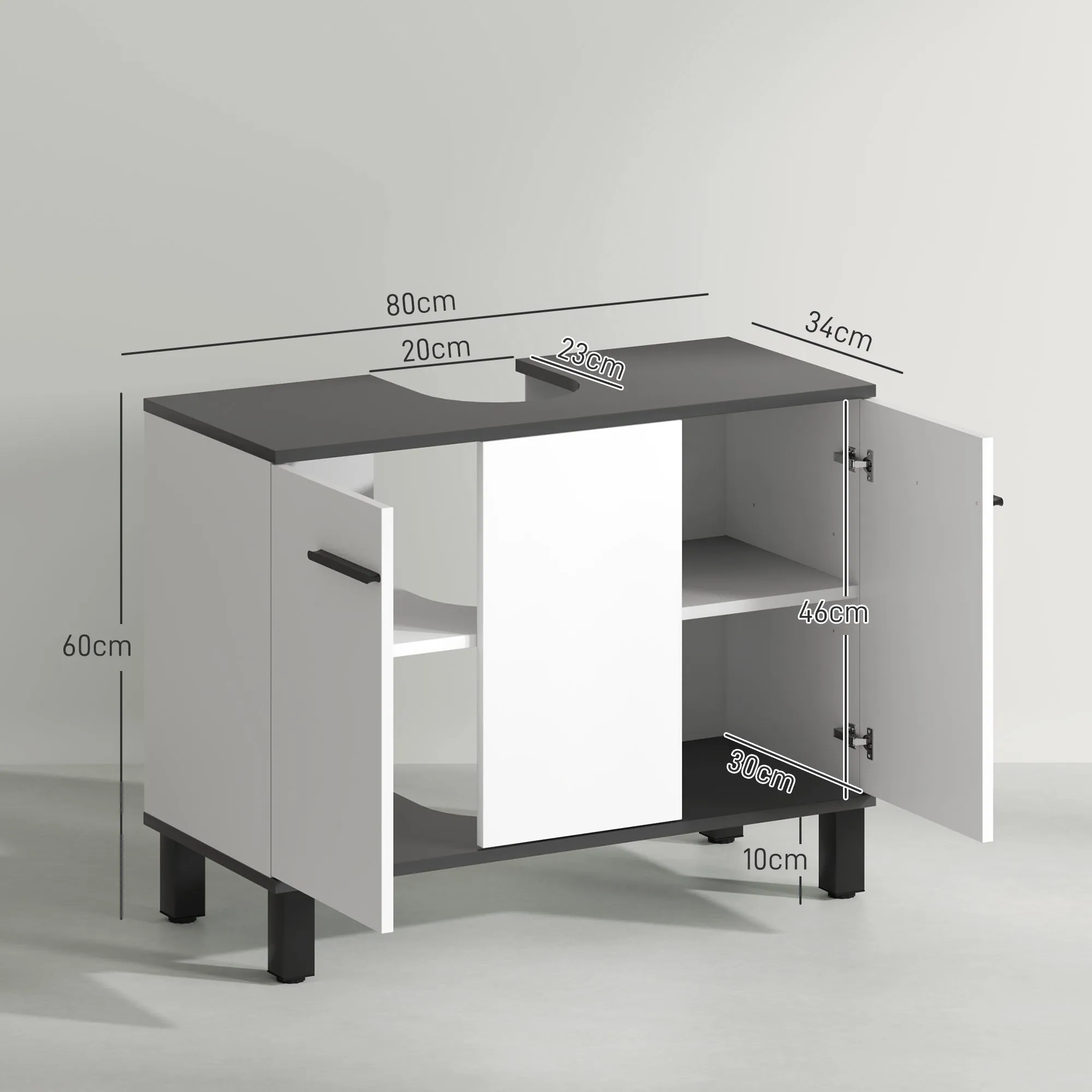 Bathroom Vanity Unit with 2-Door Cabinet and Adjustable Shelf, 80x34x60 cm, Glossy White - Image 3