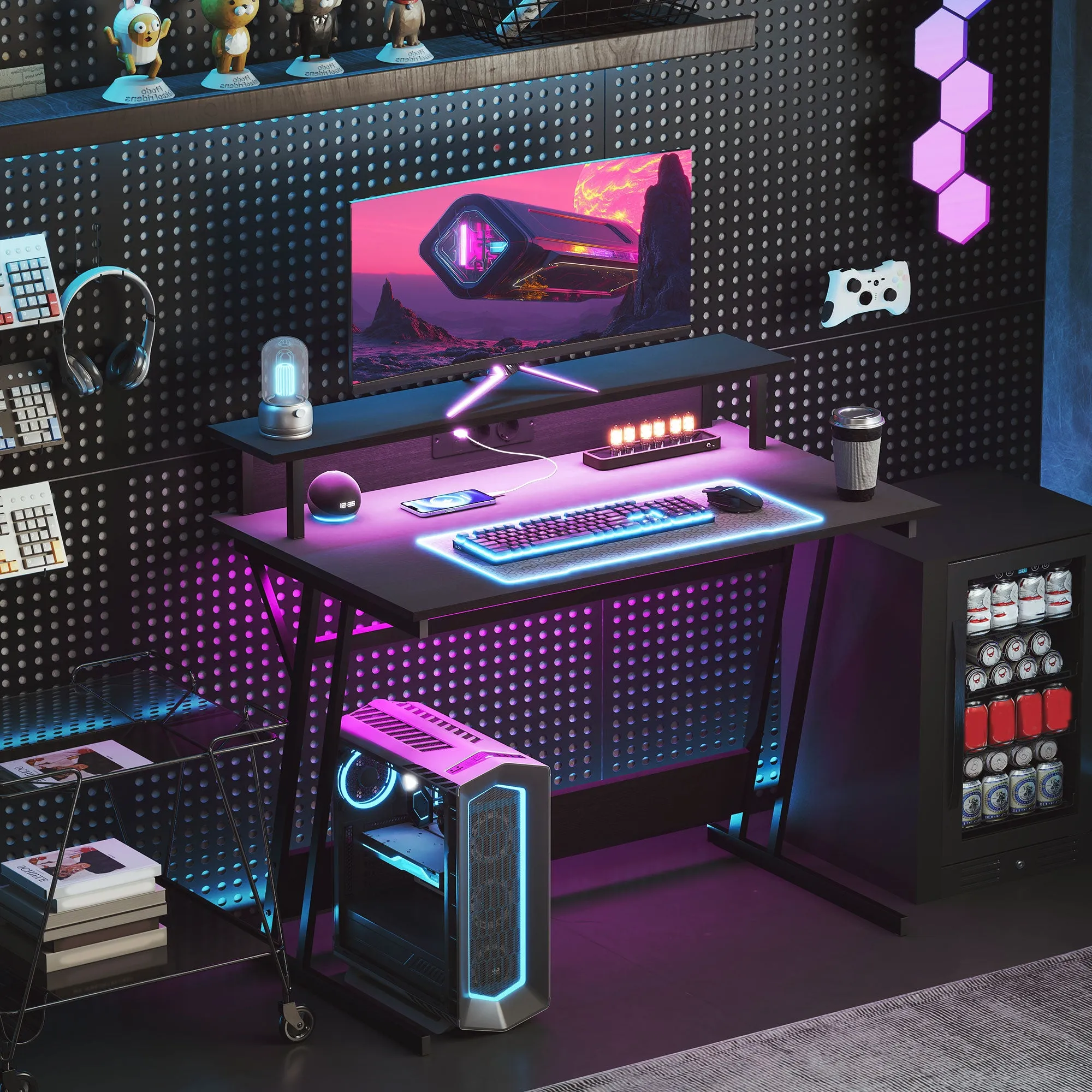 Gaming Desk with LED Lights and Monitor Stand, Chipboard and Steel, 100x60x88.5 cm, Black - Image 2