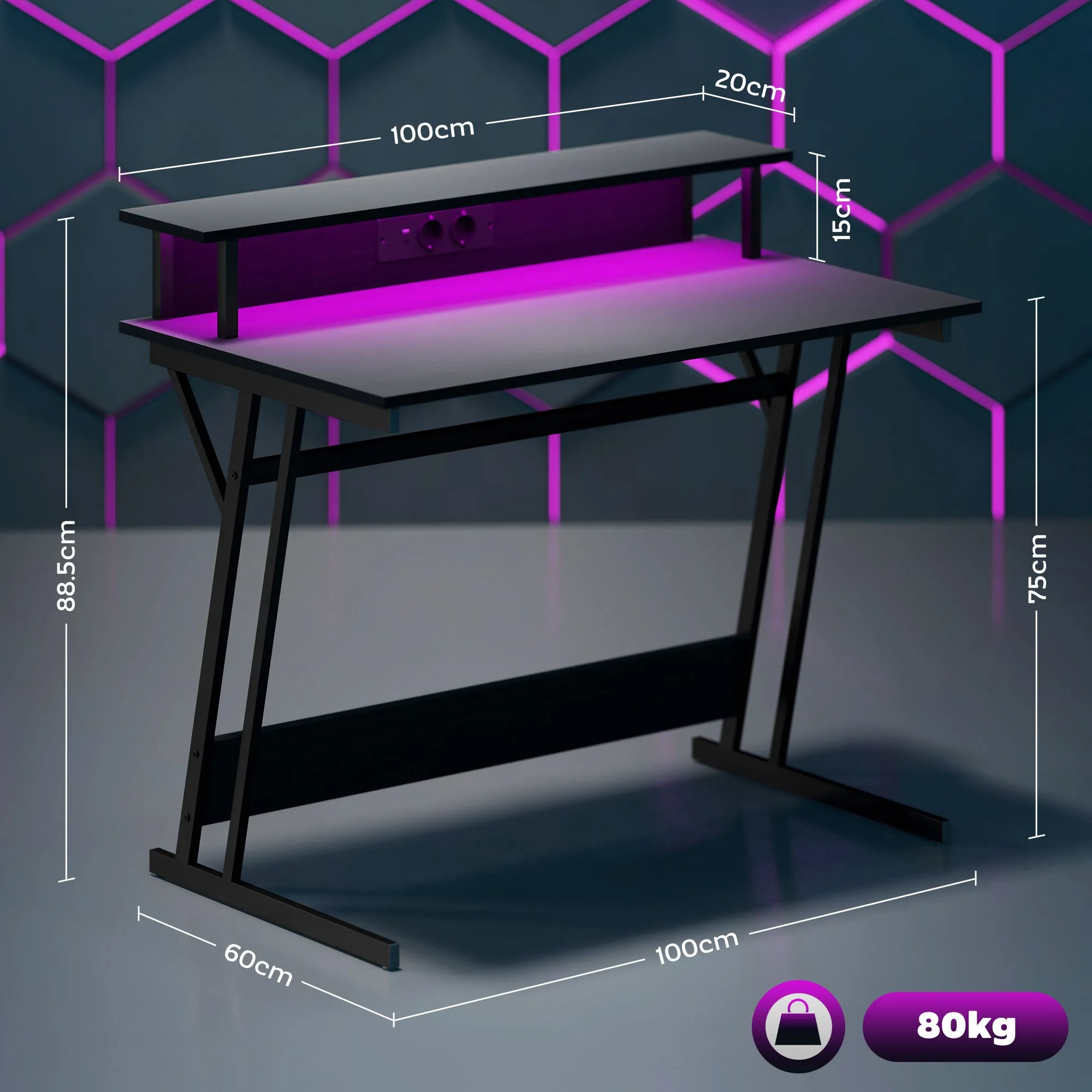 Gaming Desk with LED Lights and Monitor Stand, Chipboard and Steel, 100x60x88.5 cm, Black - Image 3