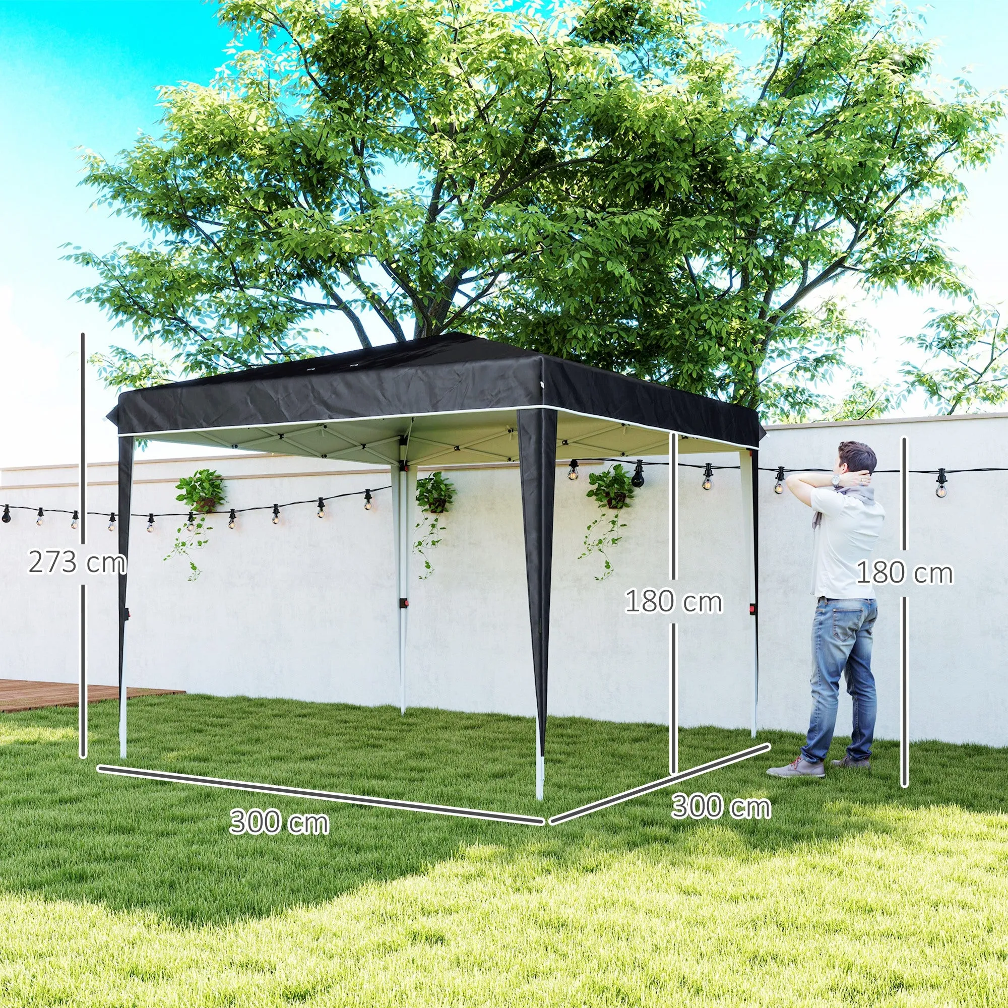 Gazebo 3x3m for 6-9 People Adjustable Height with Drainage Holes, in Metal and Black Oxford Fabric - Image 3