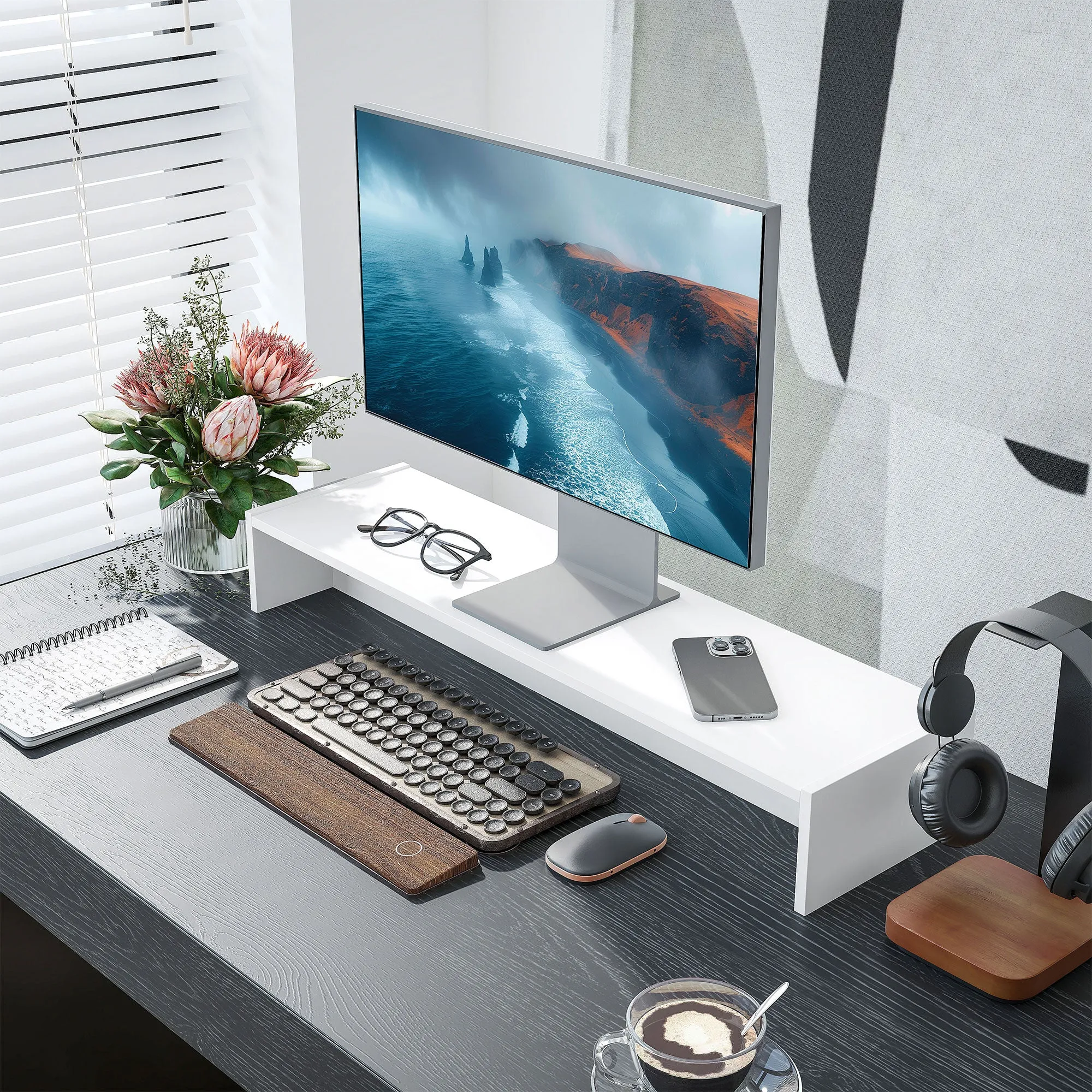 Monitor Stand with 2 Wooden Storage Compartments, 100x27x15 cm, White - Image 2