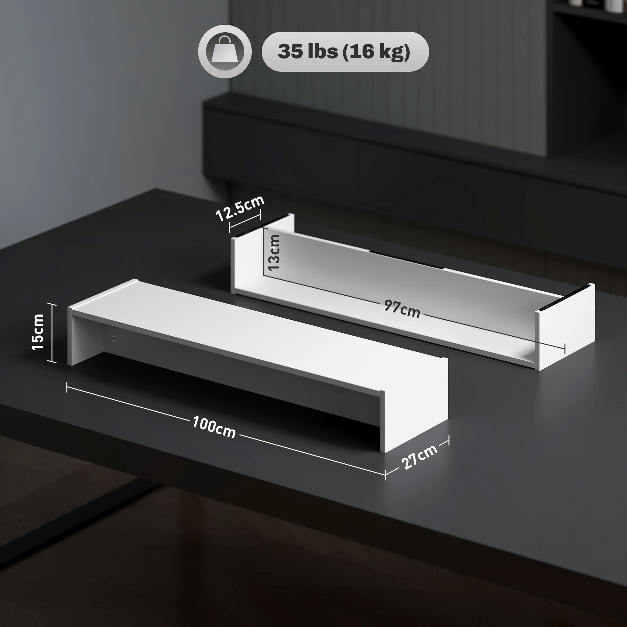 Monitor Stand with 2 Wooden Storage Compartments, 100x27x15 cm, White - Image 3