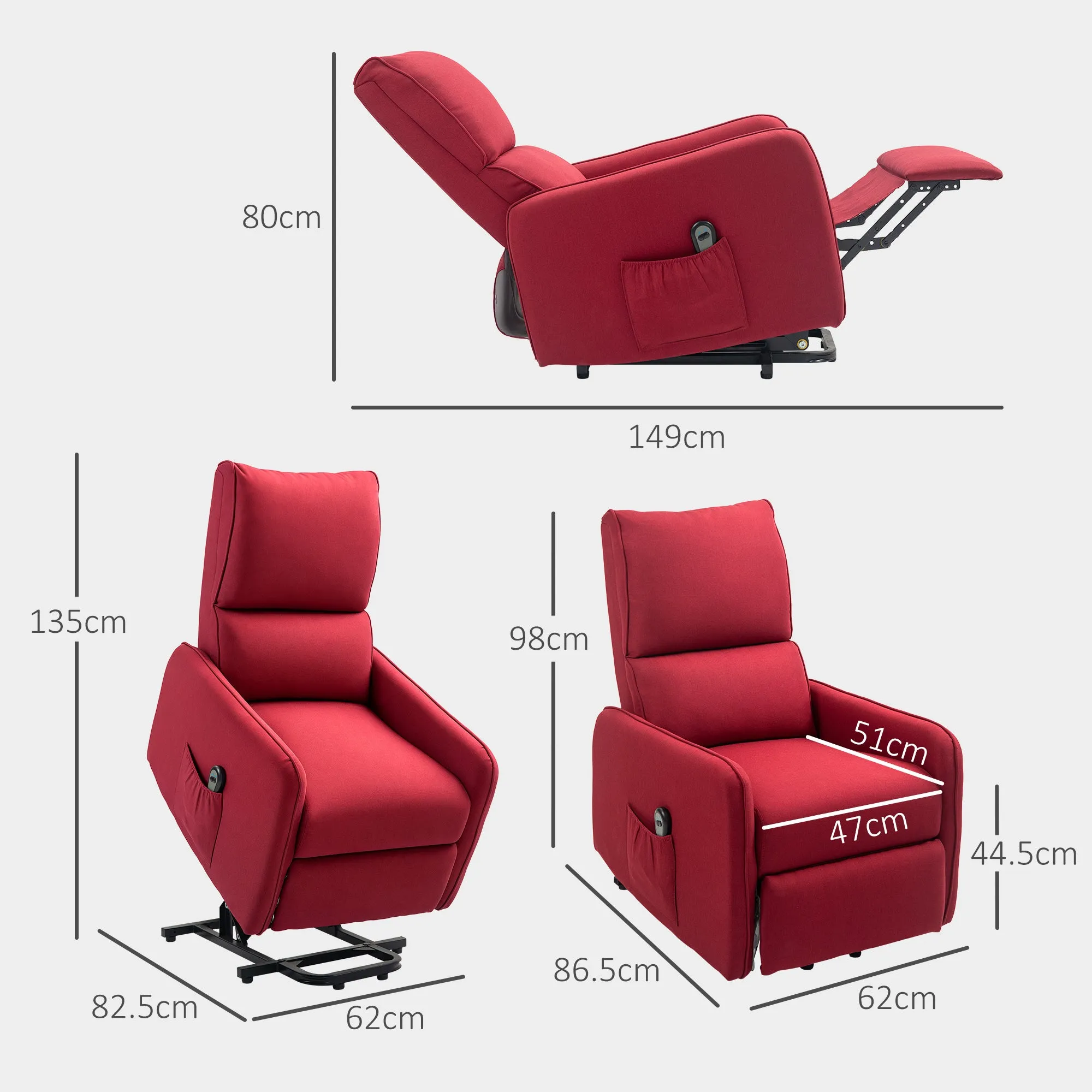 Electric Lifting Armchair with Remote Control and Fabric Pocket, Red - Image 3