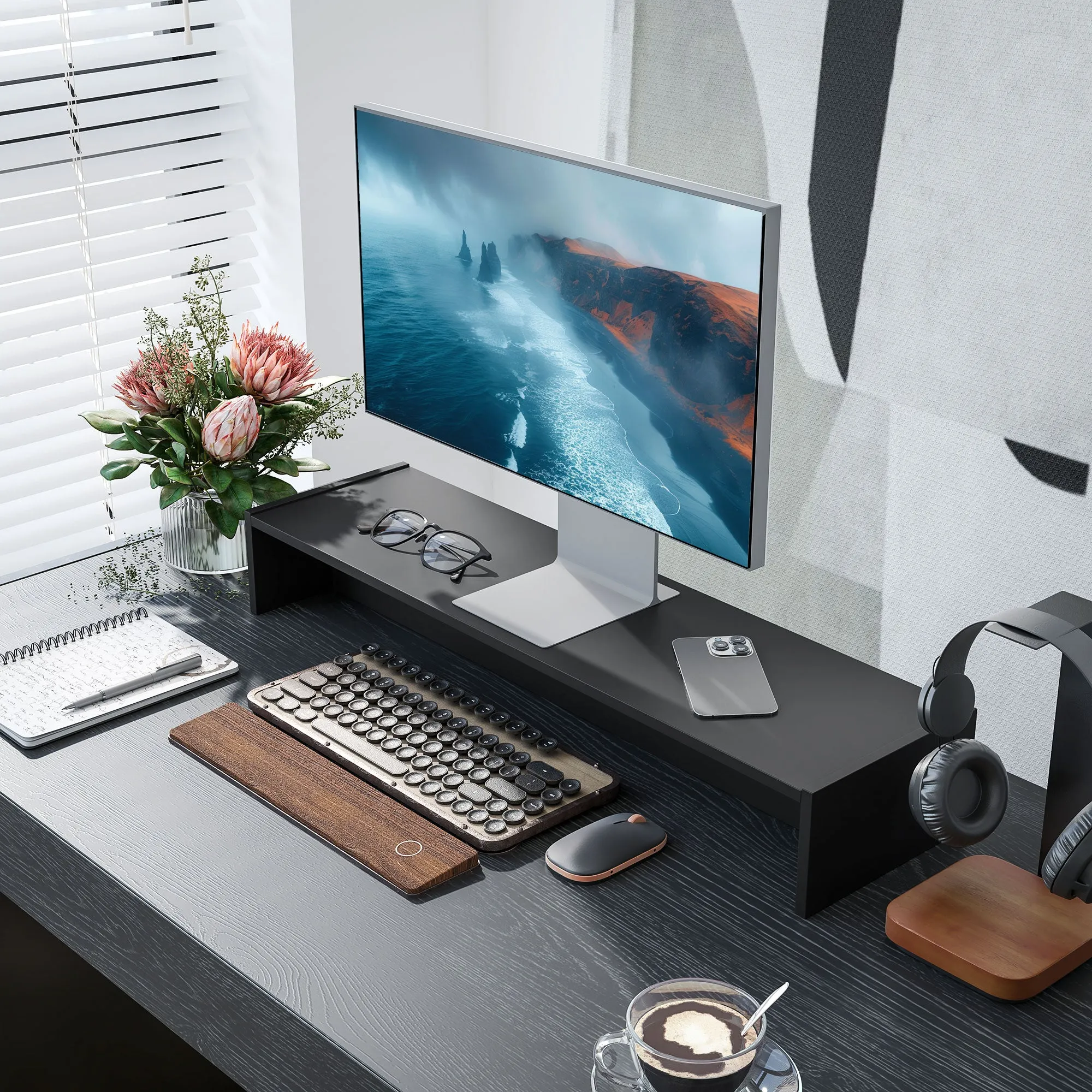Monitor Stand with 2 Wooden Storage Compartments, 100x27x15 cm, Black - Image 2