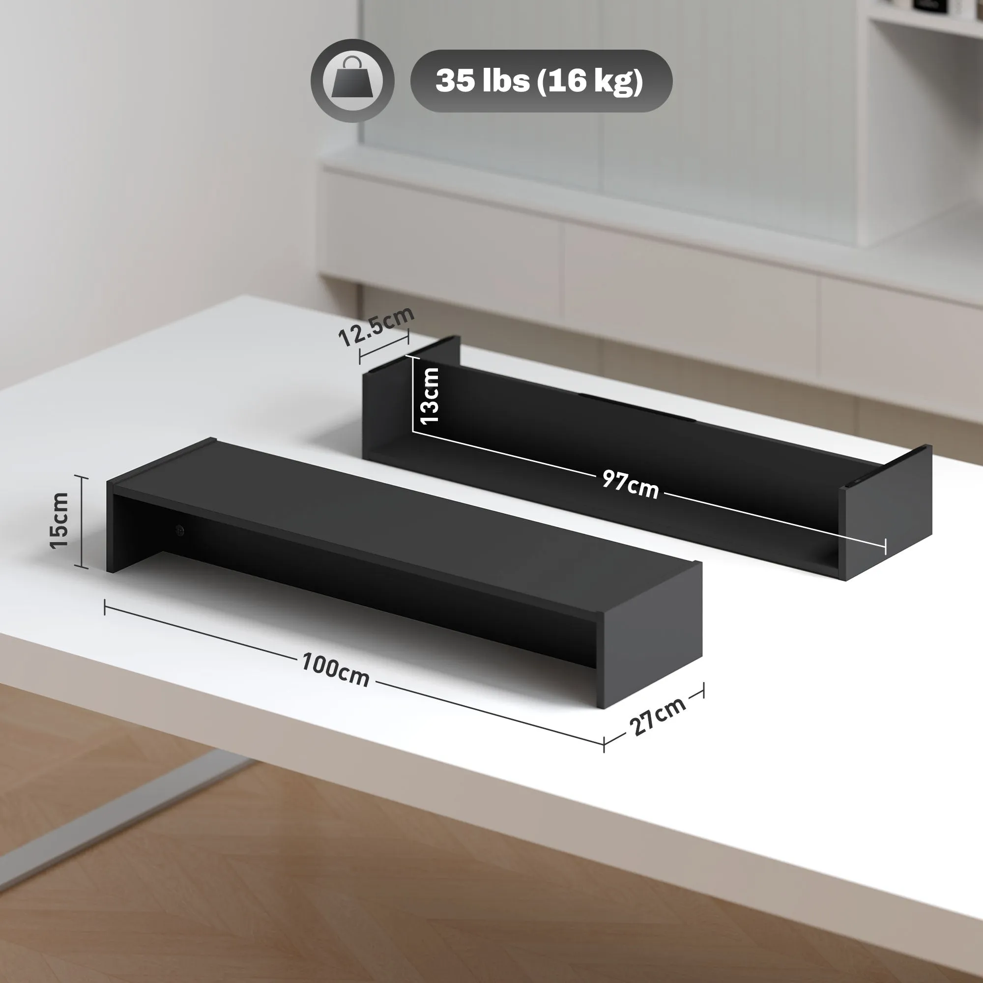 Monitor Stand with 2 Wooden Storage Compartments, 100x27x15 cm, Black - Image 3