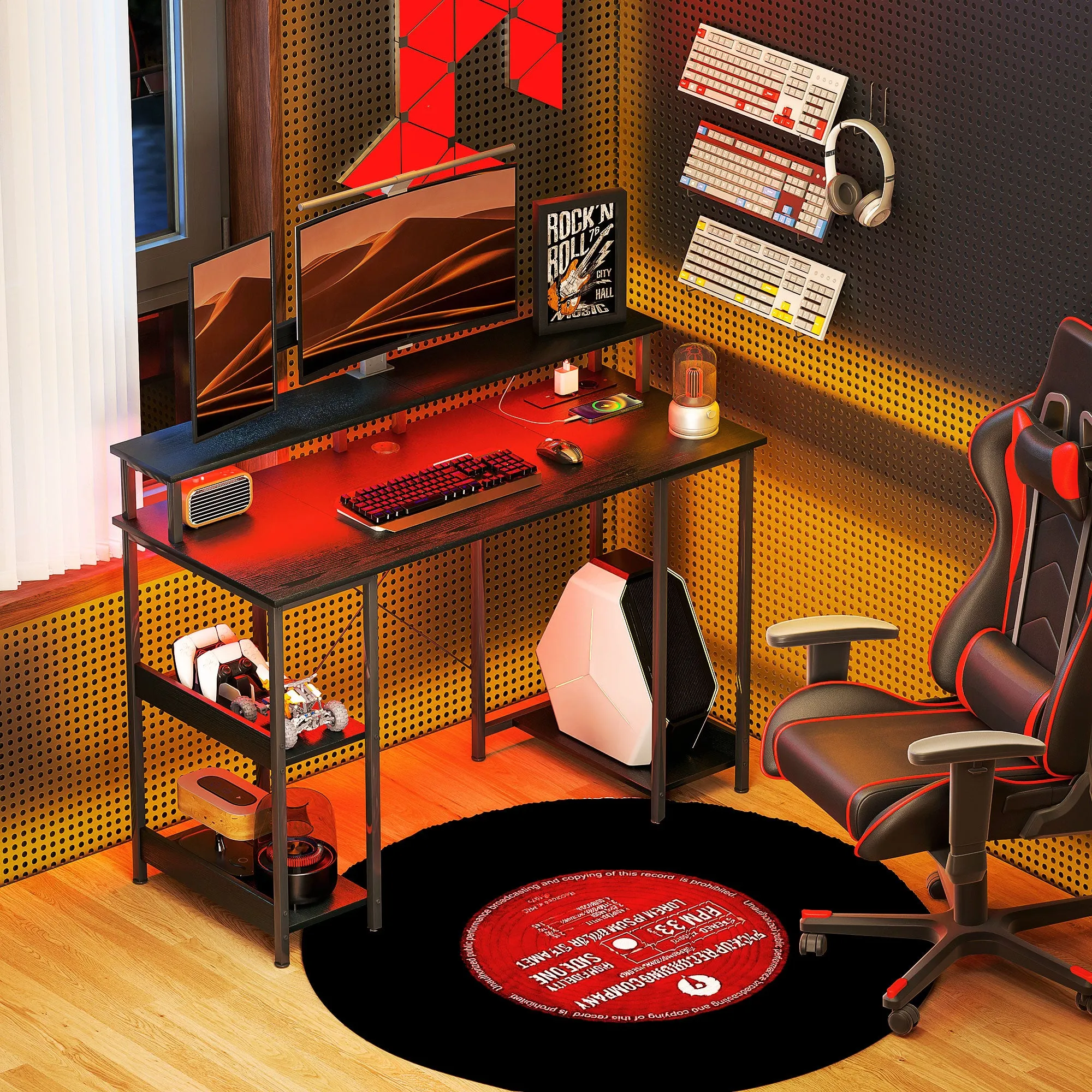 Reversible PC Desk with Power Sockets, Lights, Monitor Stand and Shelf, 120x50cm, Black - Image 2