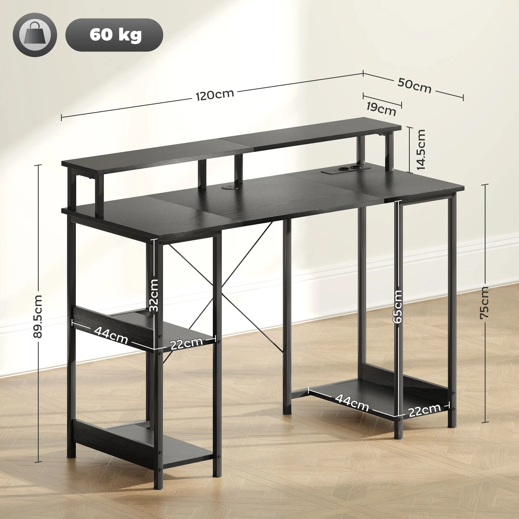 Reversible PC Desk with Power Sockets, Lights, Monitor Stand and Shelf, 120x50cm, Black - Image 3
