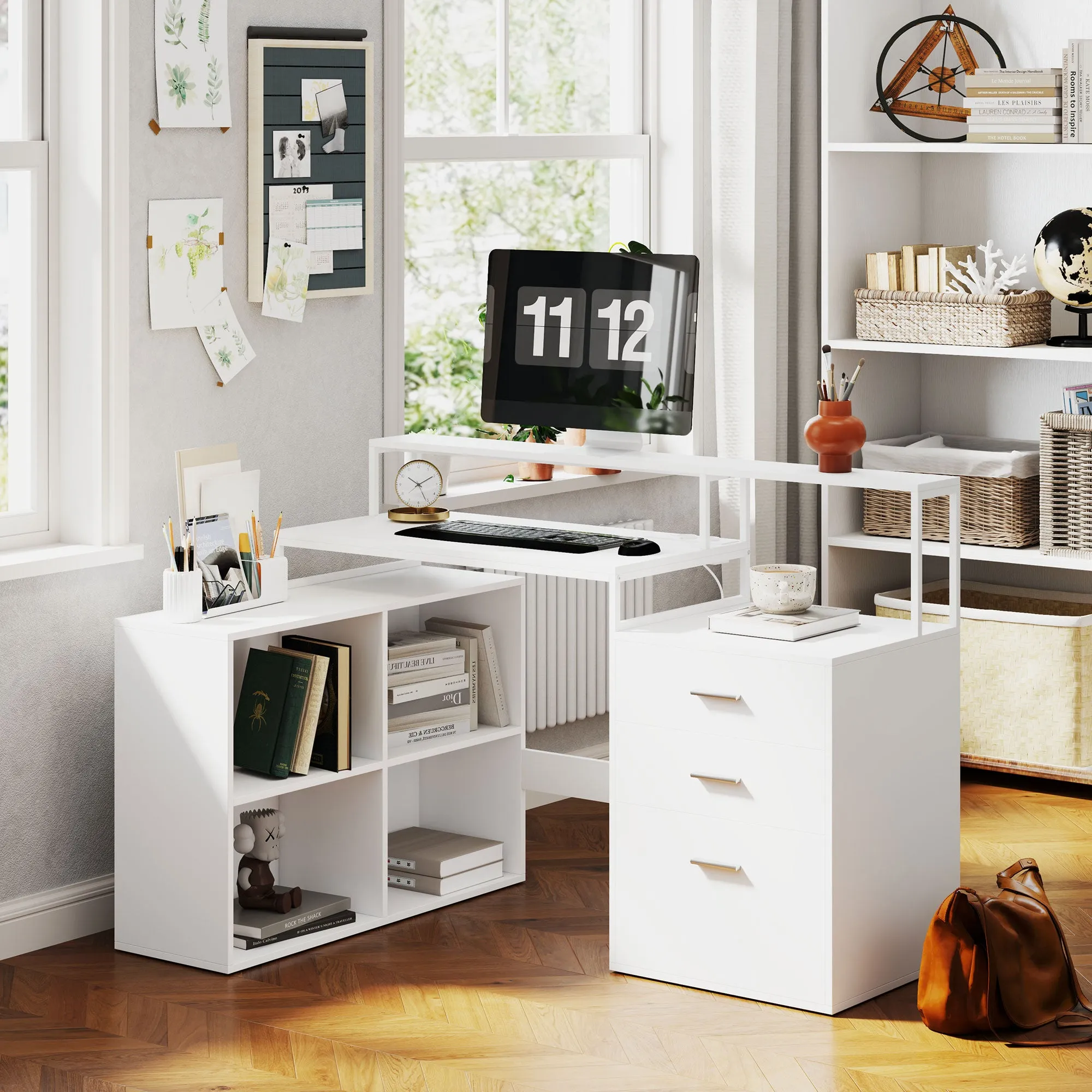 Office Desk with 2 Tables, 4 Shelves, 3 Drawers and Monitor Stand, Wooden, 138.5x90x92 cm, White - Image 2