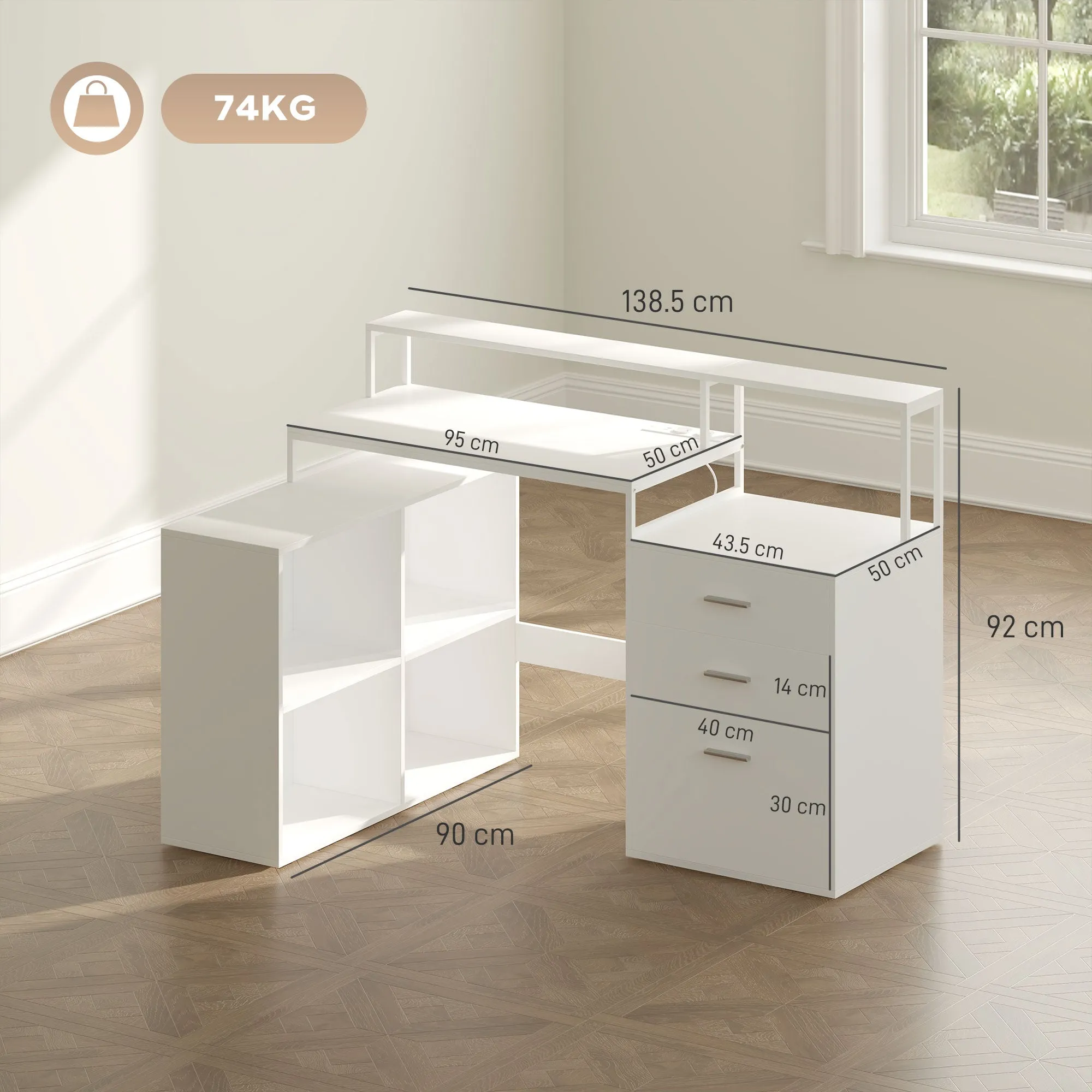 Office Desk with 2 Tables, 4 Shelves, 3 Drawers and Monitor Stand, Wooden, 138.5x90x92 cm, White - Image 3