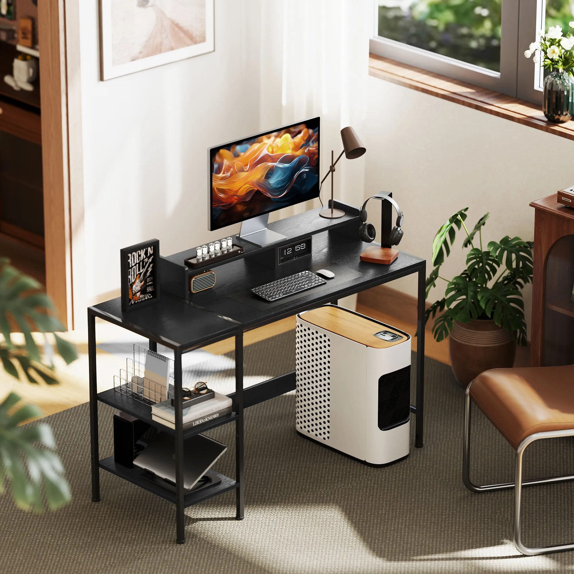 PC Desk with Monitor Stand and 2 Adjustable Shelves, Wood and Steel, 120x48x85.5 cm, Black - Image 2