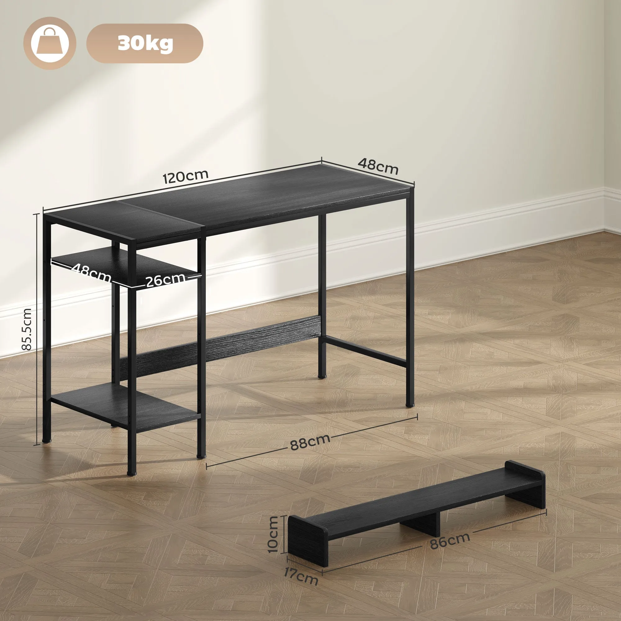 PC Desk with Monitor Stand and 2 Adjustable Shelves, Wood and Steel, 120x48x85.5 cm, Black - Image 3