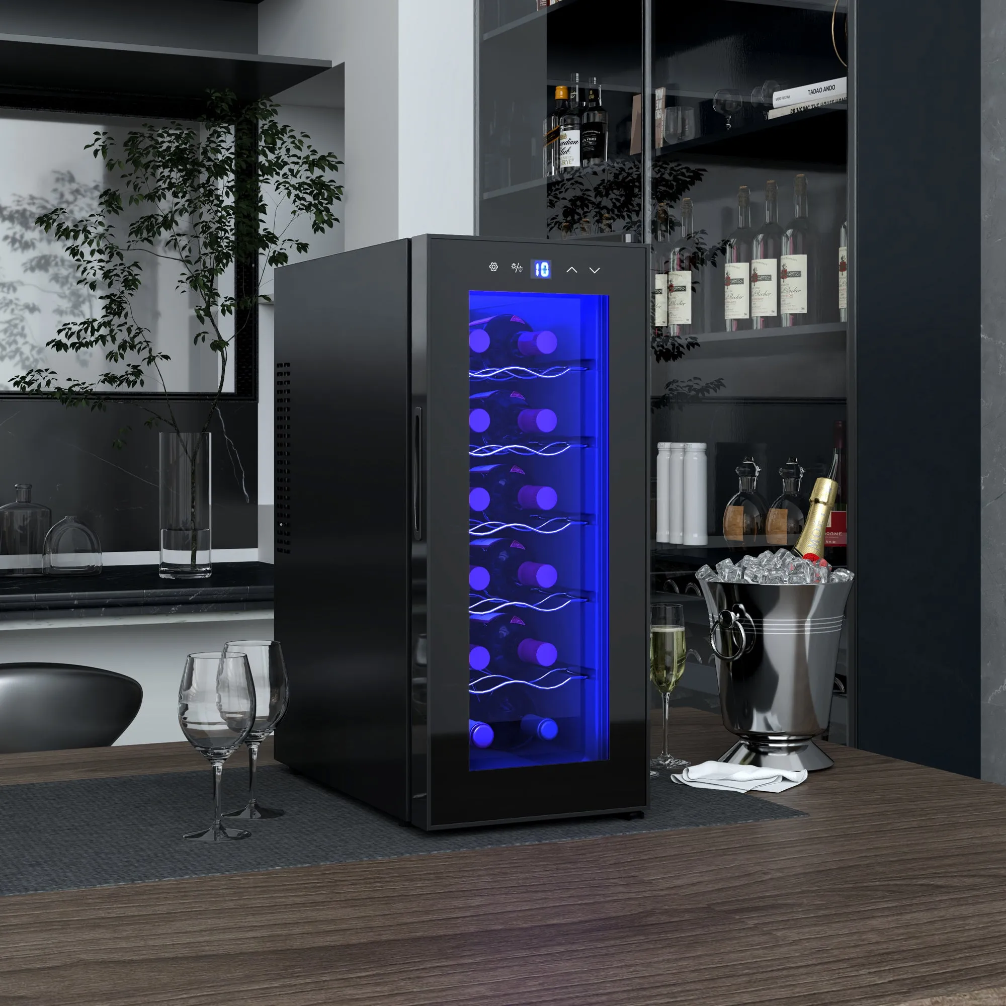 12 Bottle Refrigerator Cooler with Dual Temperature Control, Adjustable Shelves and Lights, Black - Image 2