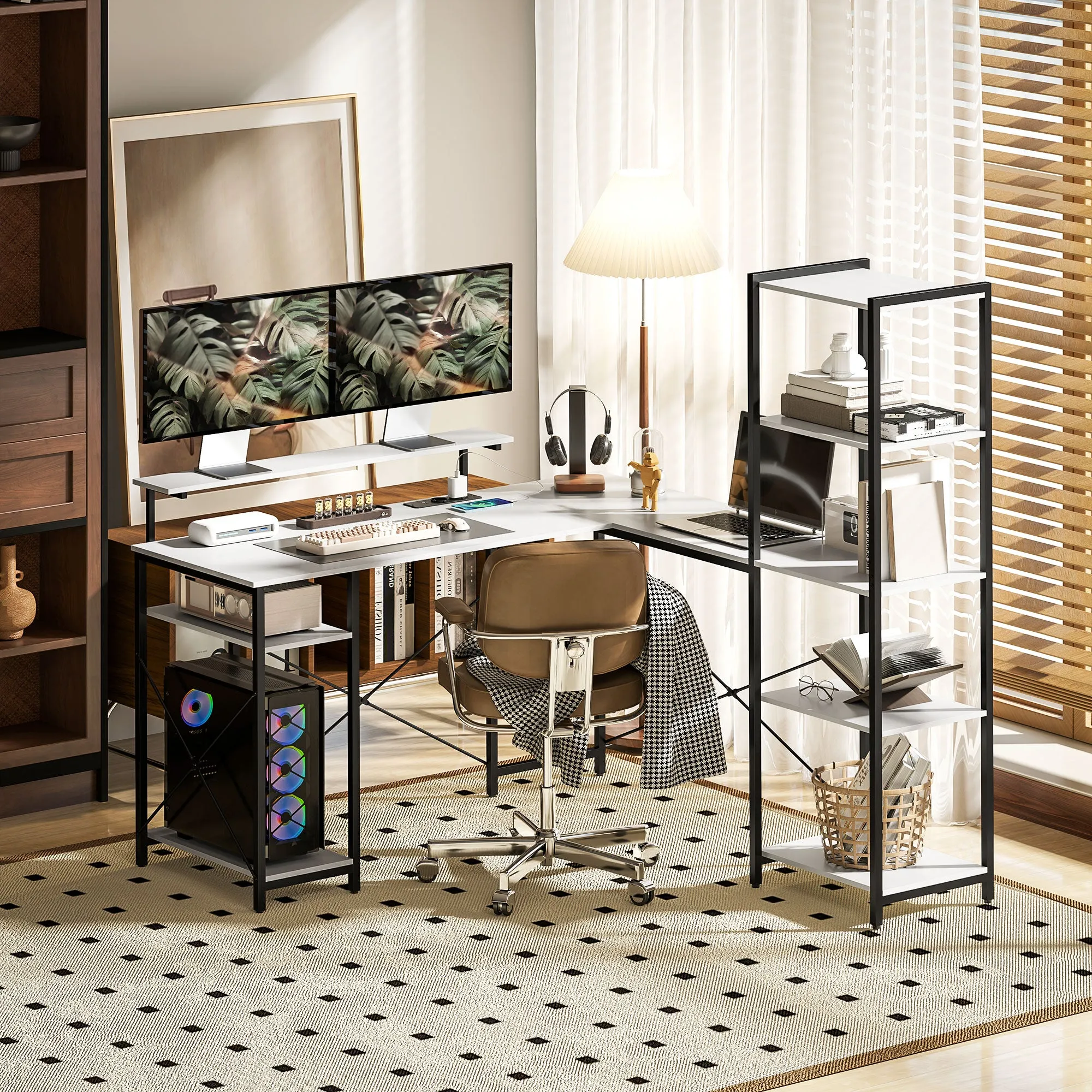 Corner Desk with Electrical & USB Outlet, Shelf & Monitor Stand, Black & White - Image 2