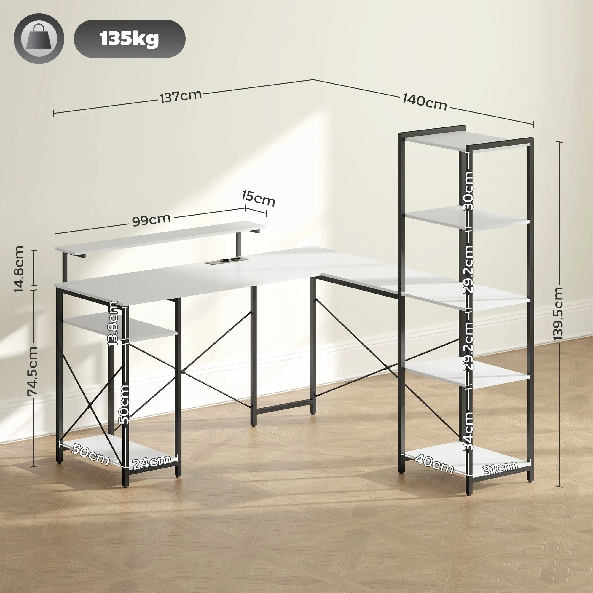 Corner Desk with Electrical & USB Outlet, Shelf & Monitor Stand, Black & White - Image 3