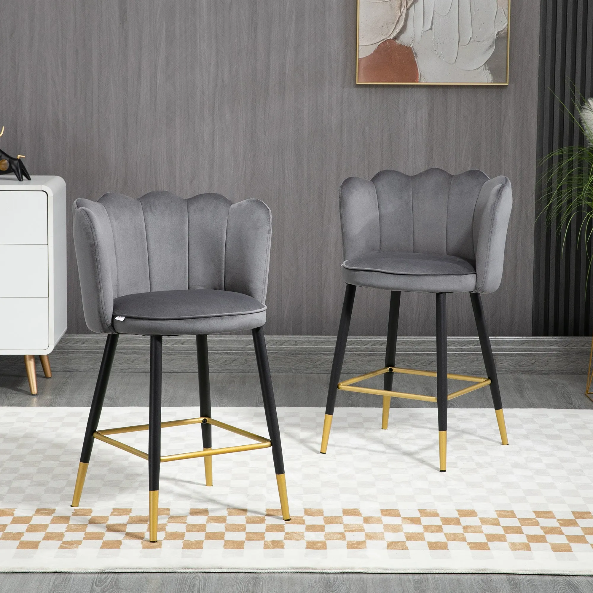Set of 2 Velvet Bar Stools with Footrest and Steel Base, 59x52x90cm, Grey - Image 2