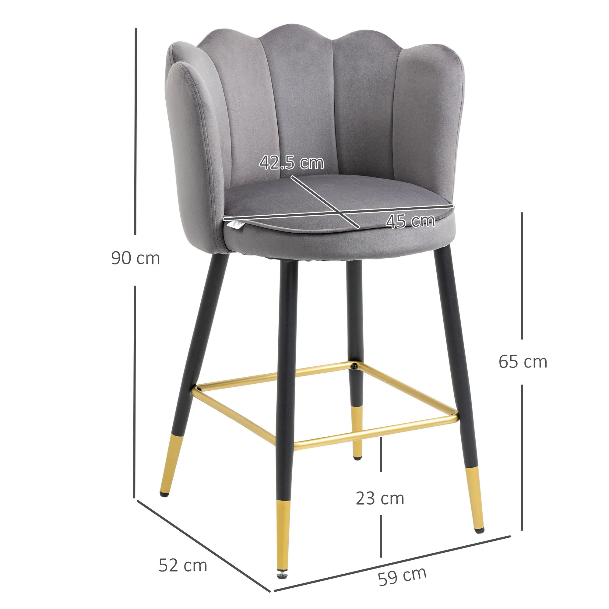 Set of 2 Velvet Bar Stools with Footrest and Steel Base, 59x52x90cm, Grey - Image 3
