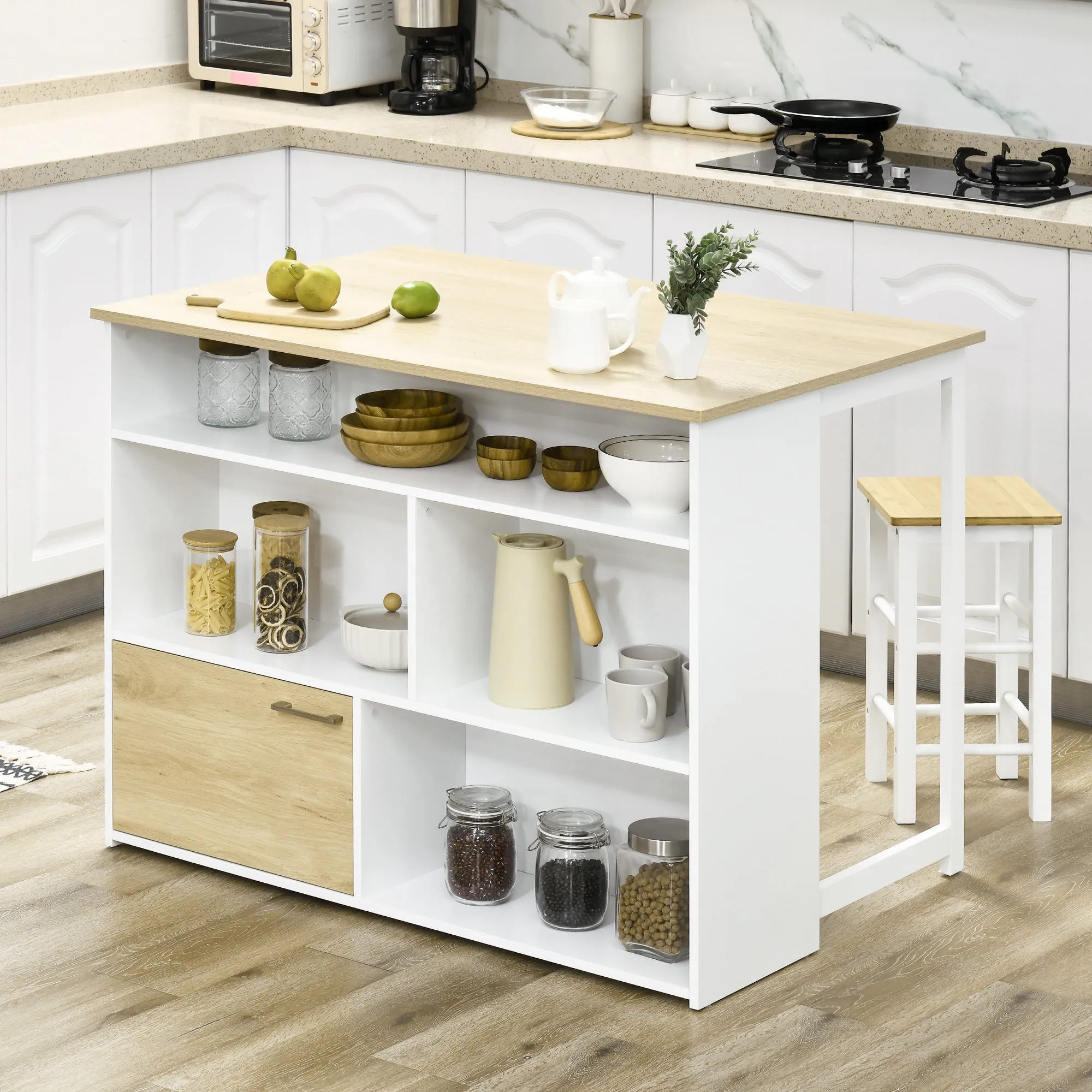Modern MDF Bar Table for 2 People with 4 Open Shelves and Cabinet, 116x79. 5x91 cm - Image 2