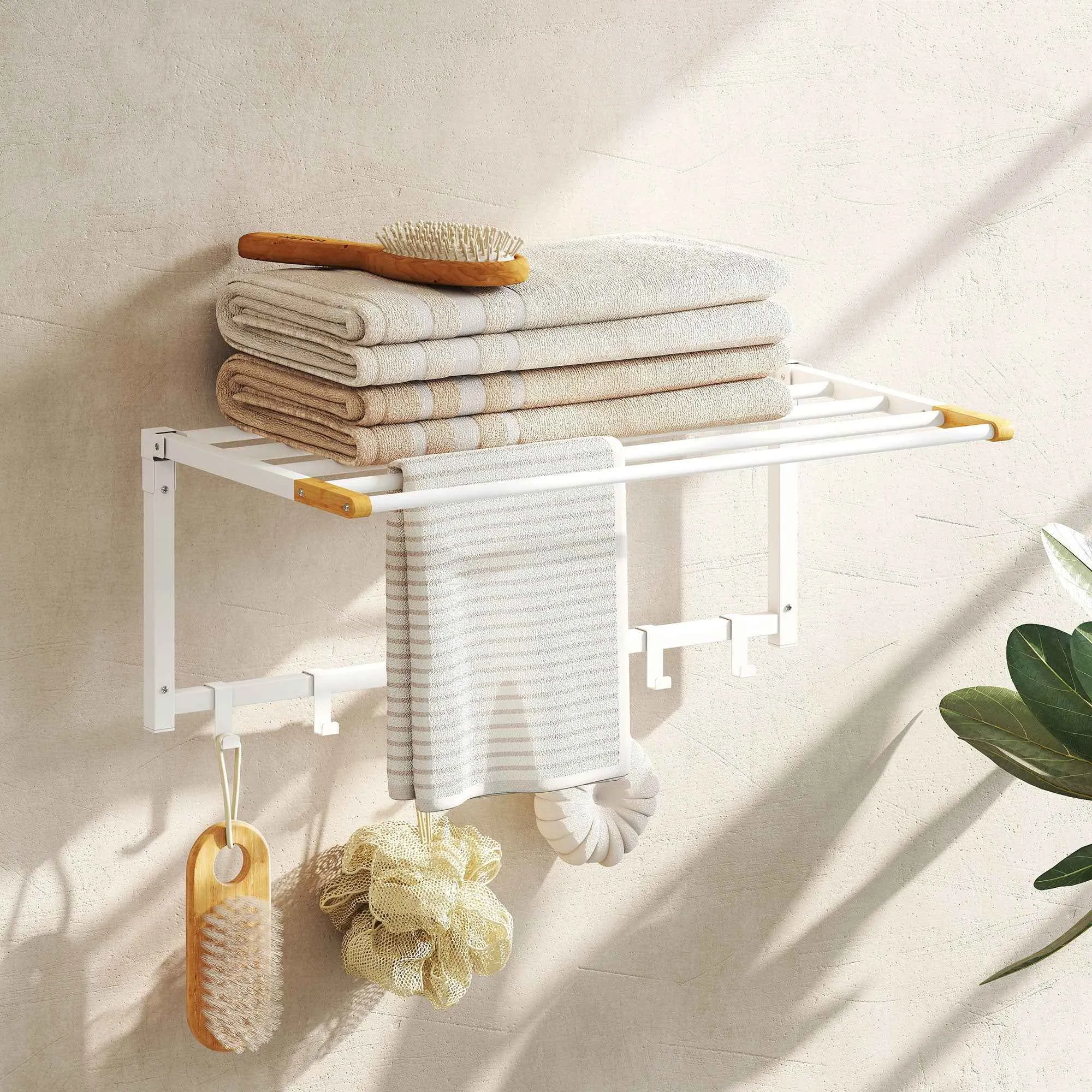 HOMCOM Folding Wall-Mounted Towel Rack with 5 Bars and 6 Hooks in Wood and Steel, 60x32.5x20 cm, White - Image 2