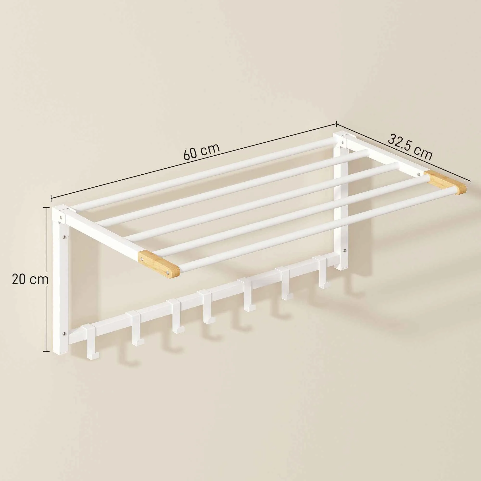 HOMCOM Folding Wall-Mounted Towel Rack with 5 Bars and 6 Hooks in Wood and Steel, 60x32.5x20 cm, White - Image 3