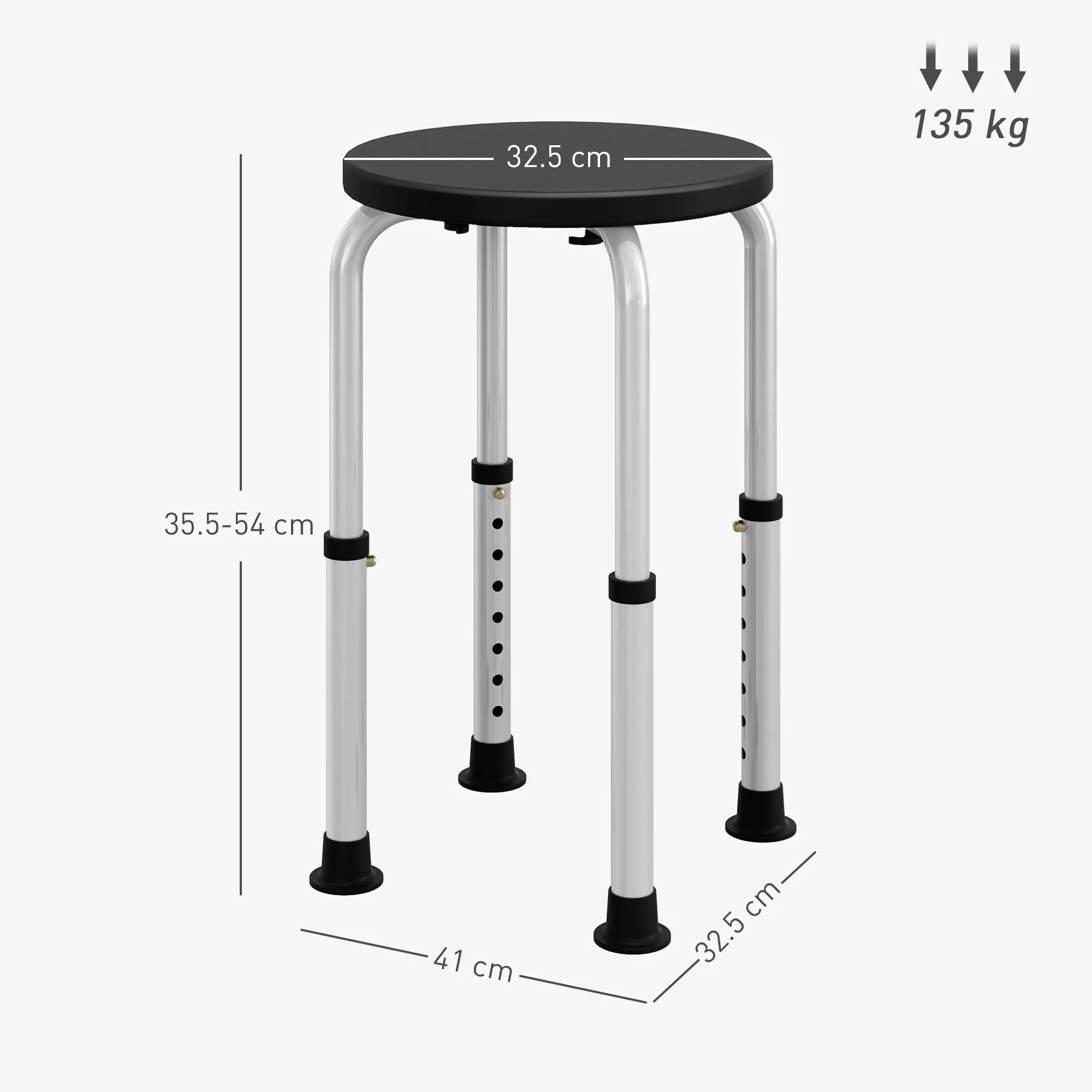 HOMCOM Non-Slip Shower Stool, Adjustable to 8 Heights, Made of Aluminum and PE, 32.5 x 41 x 35.5-54 cm, Black - Image 3