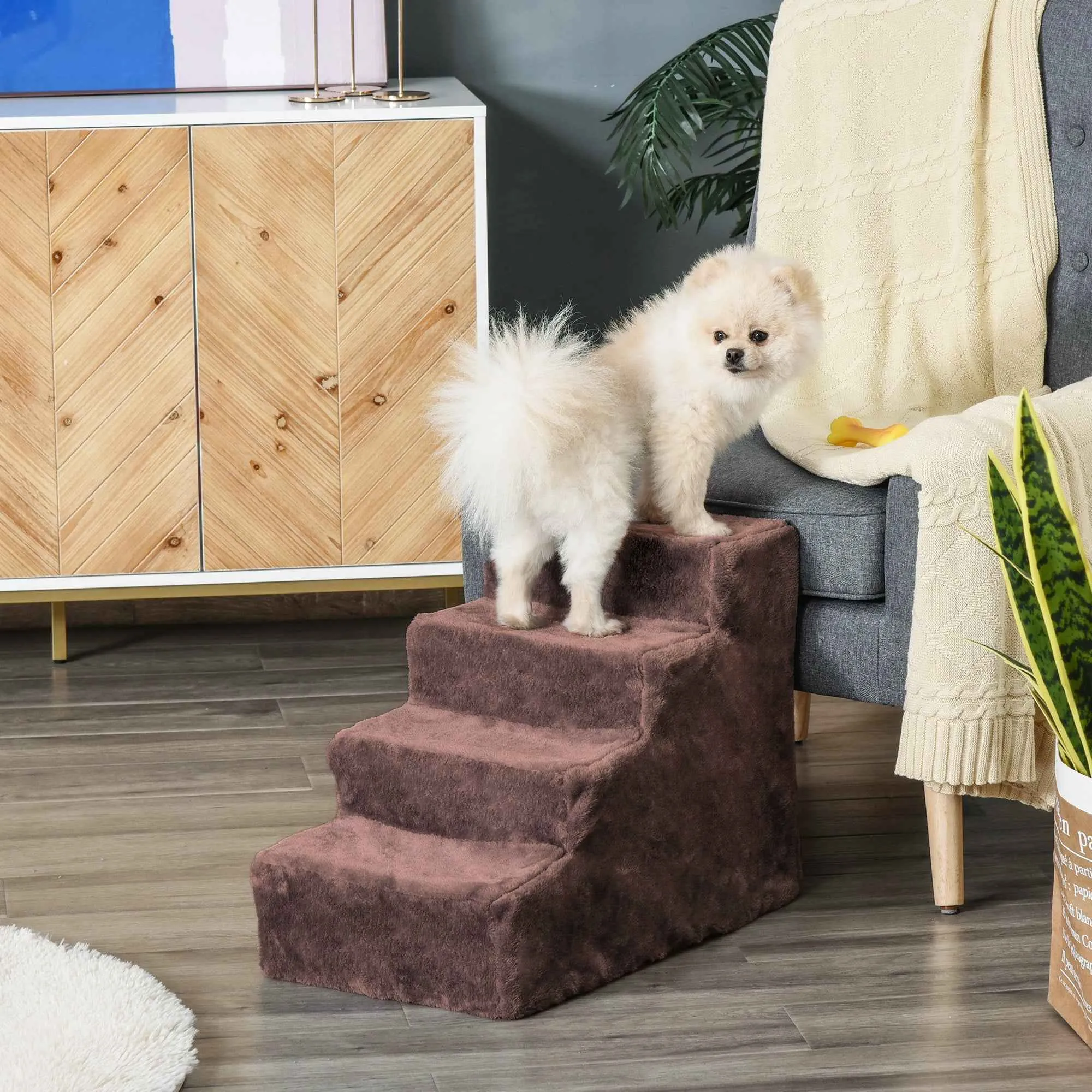 PawHut 4-Step Dog Stairs with Removable and Washable Cover, Portable, 60x35x44 cm, Brown - Image 2