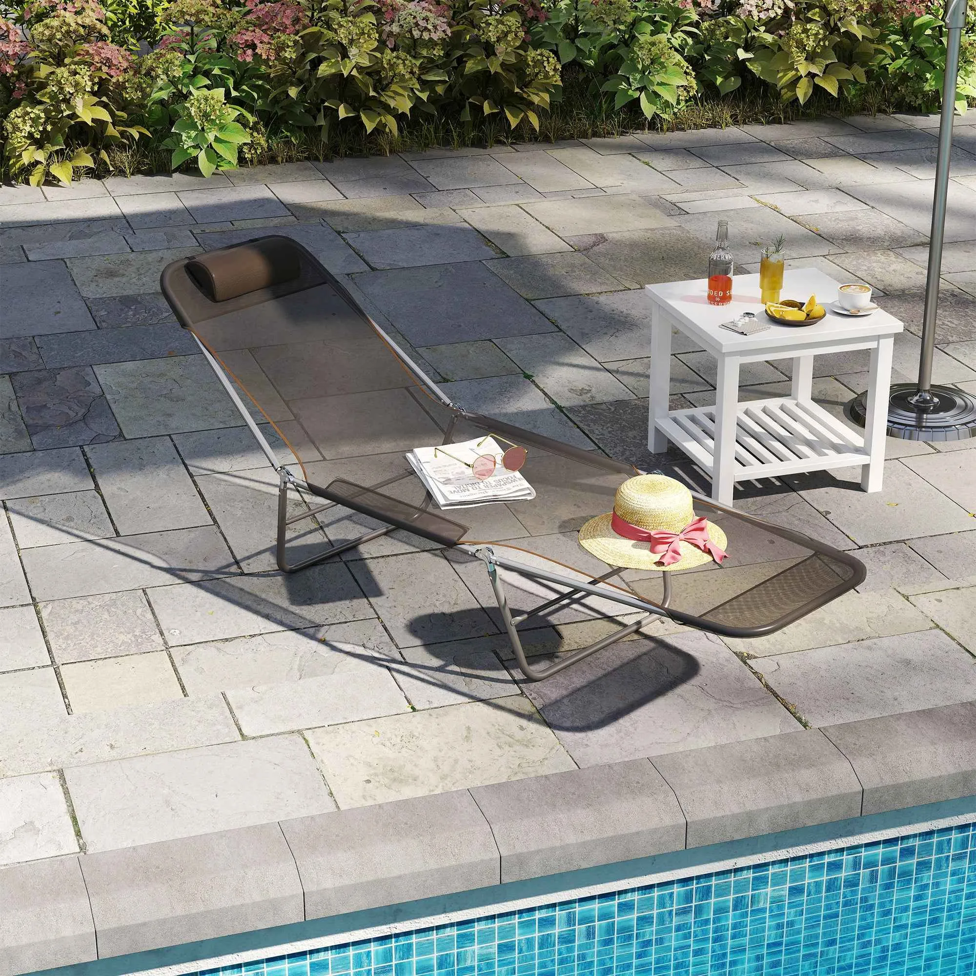 Outsunny Folding Sun Lounger with Reclining Backrest and Cushion, 182 x 56 x 24.5 cm, Brown and Silver - Image 2