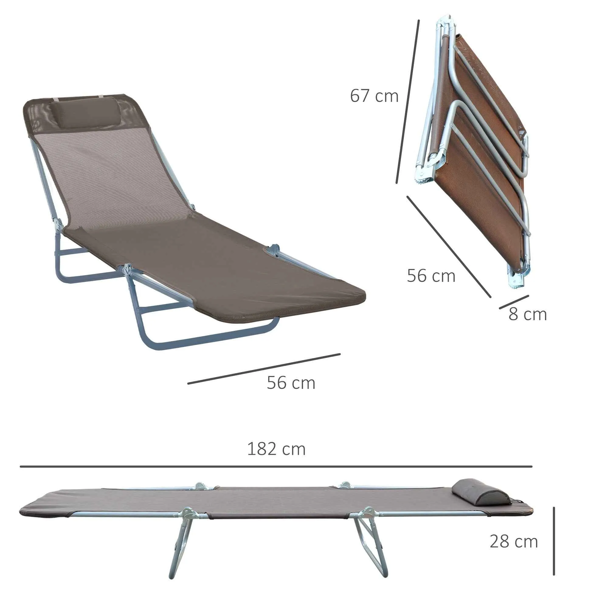 Outsunny Folding Sun Lounger with Reclining Backrest and Cushion, 182 x 56 x 24.5 cm, Brown and Silver - Image 3