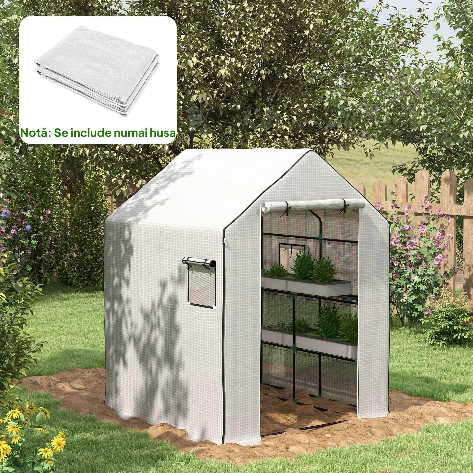 Outsunny PE Garden Greenhouse Cover with Hinged Door and Windows, 140x143x190cm, White - Image 2