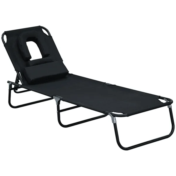 Outsunny Folding Outdoor Lounge Chair with Face Hole and Cushions, Garden Sun Lounger, Beach and Camping, Black