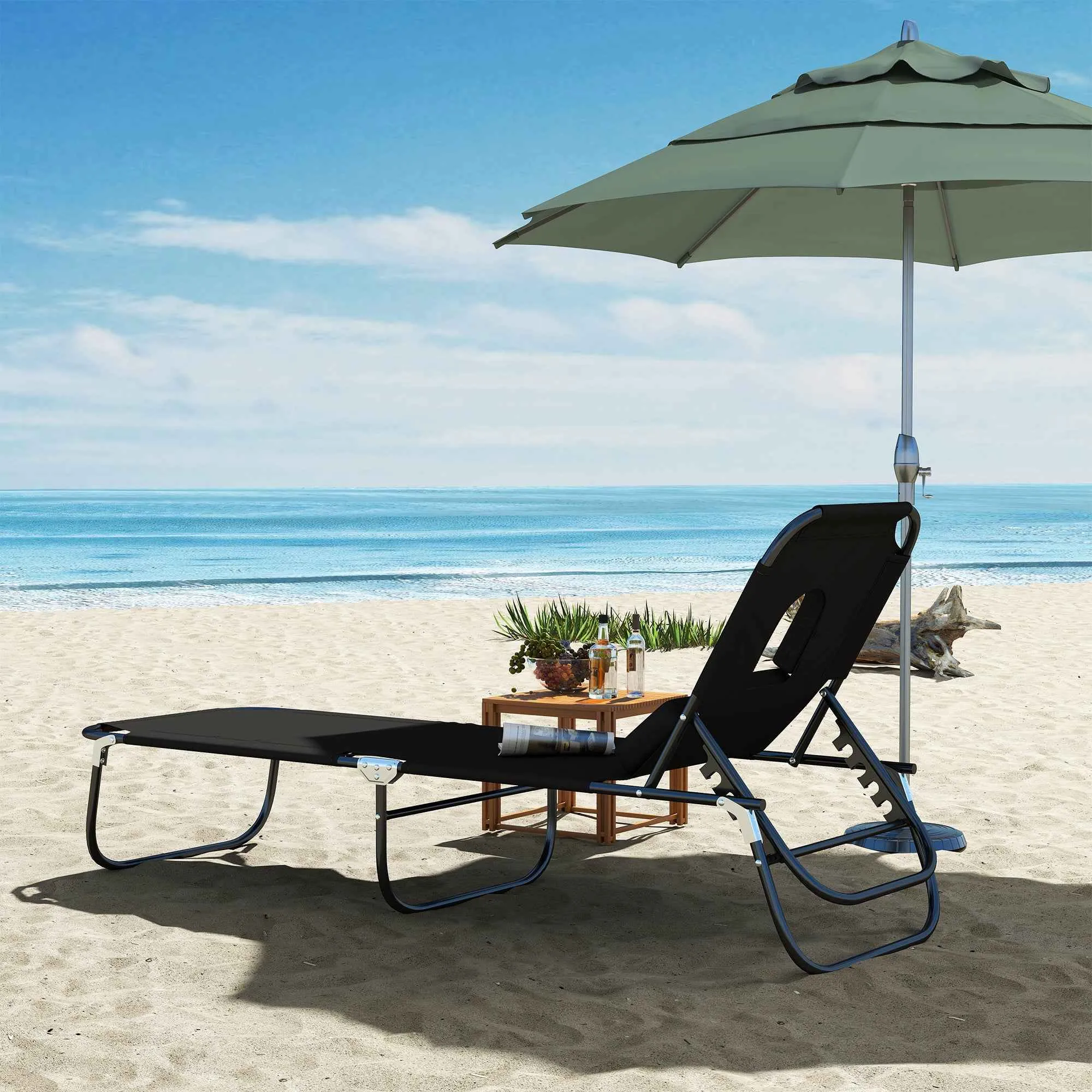 Outsunny Folding Outdoor Lounge Chair with Face Hole and Cushions, Garden Sun Lounger, Beach and Camping, Black - Image 2