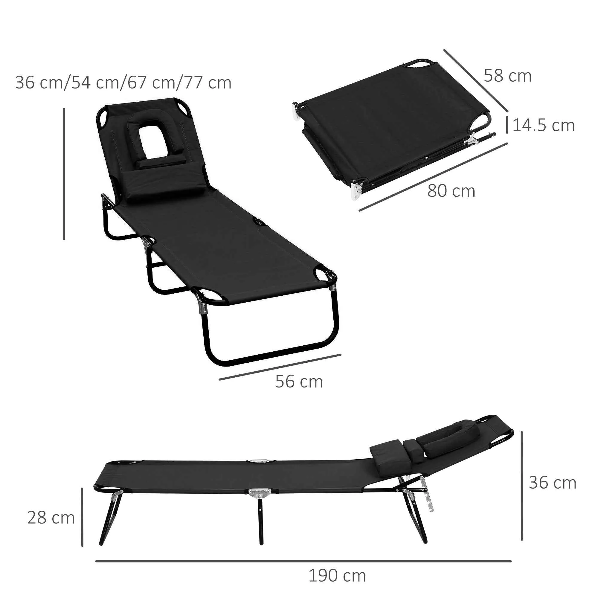 Outsunny Folding Outdoor Lounge Chair with Face Hole and Cushions, Garden Sun Lounger, Beach and Camping, Black - Image 3