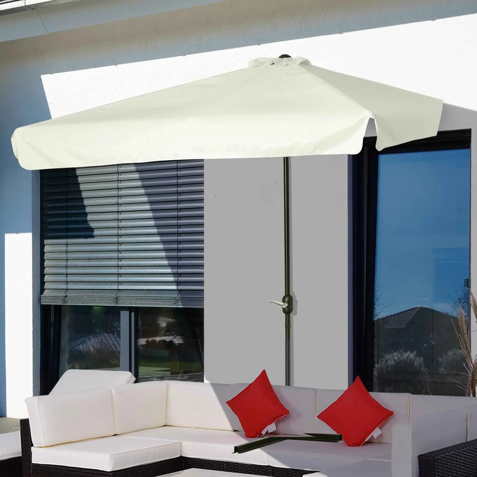 Outsunny Semicircular Wall Mounted Patio and Garden Umbrella with Crank Handle, 2.5x2.3m, Cream - Image 2