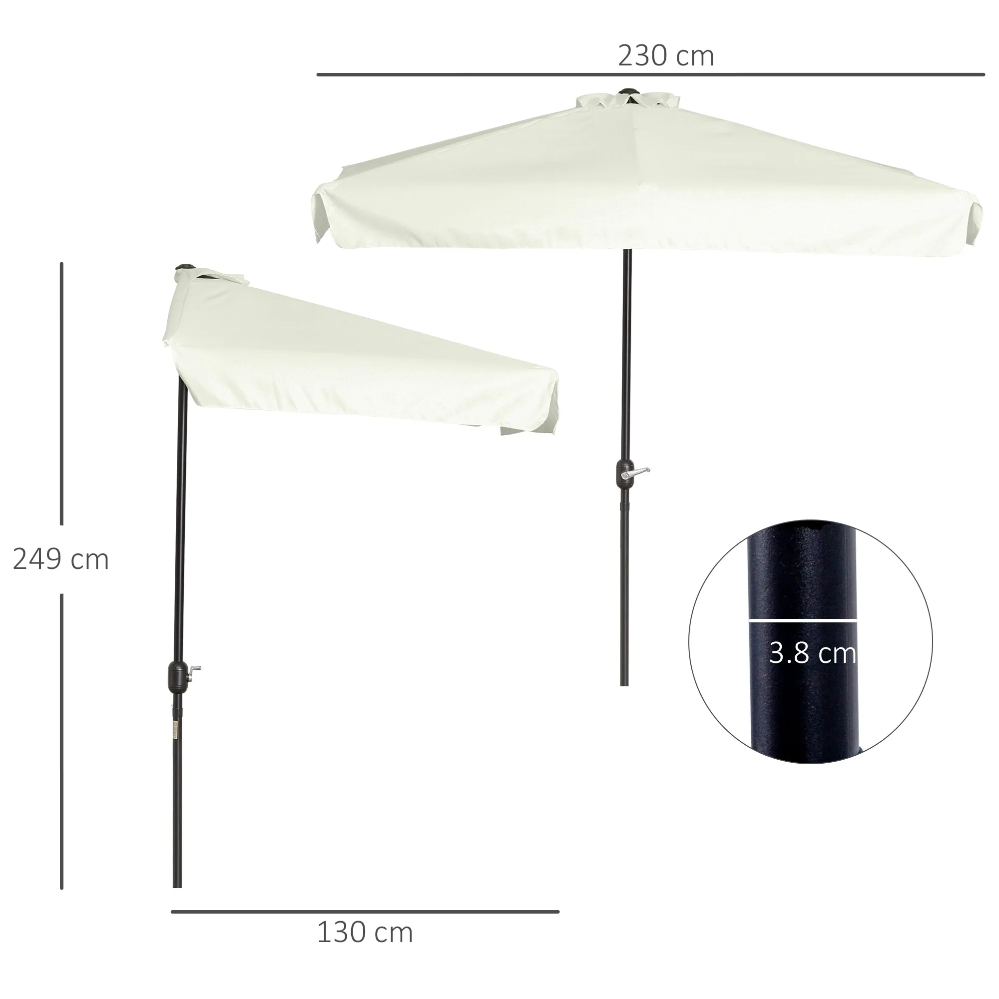 Outsunny Semicircular Wall Mounted Patio and Garden Umbrella with Crank Handle, 2.5x2.3m, Cream - Image 3