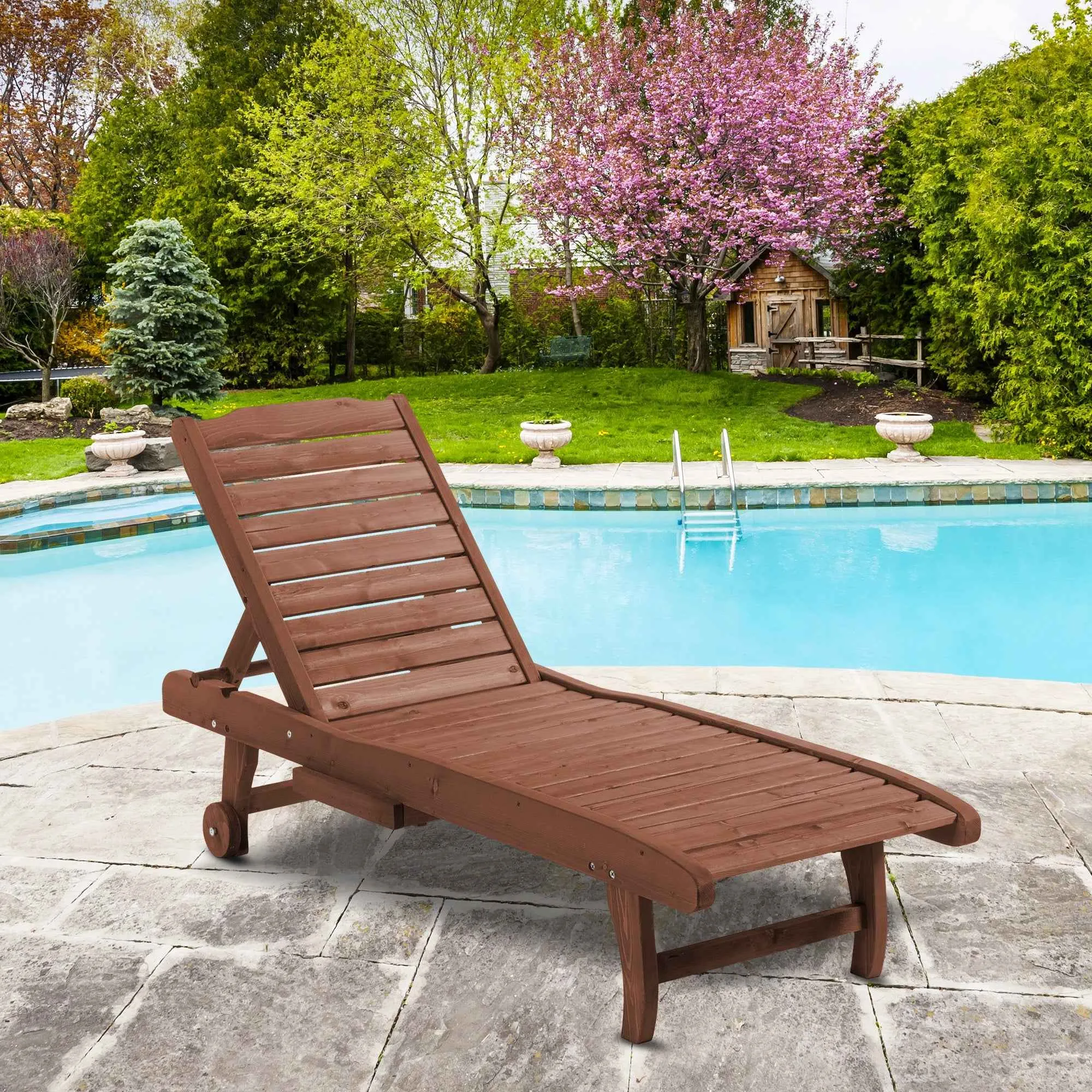 Outsunny Wooden Sun Lounger, Garden Lounger with Wheels and Removable Tray 182x60x35cm - Image 2