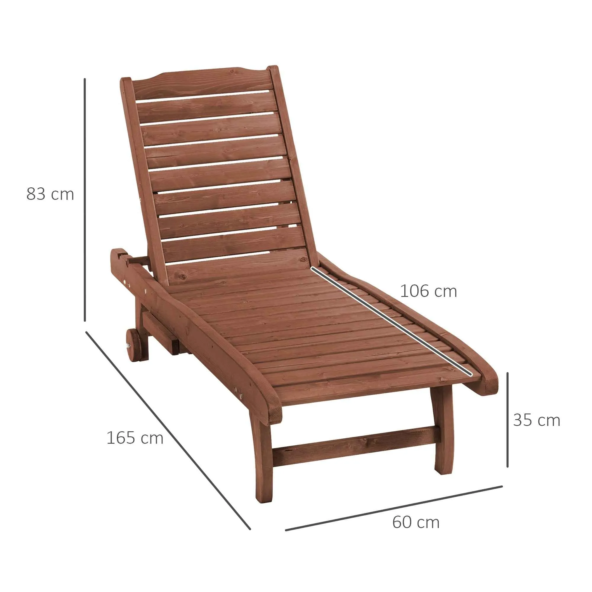 Outsunny Wooden Sun Lounger, Garden Lounger with Wheels and Removable Tray 182x60x35cm - Image 3