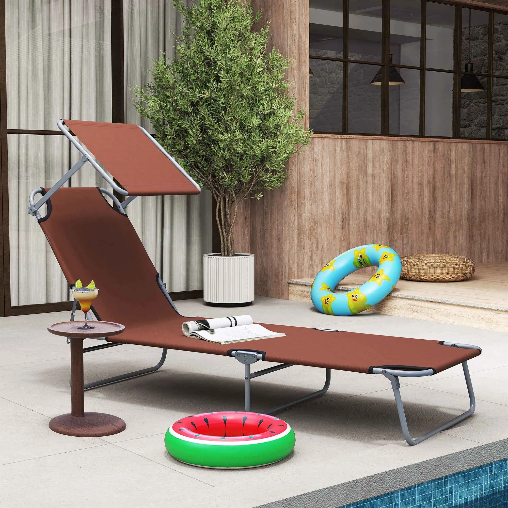 Outsunny Outdoor Lounger, Folding and Adjustable Outdoor Deck Chair with Brown Fabric Canopy, 187x58x36cm - Image 2
