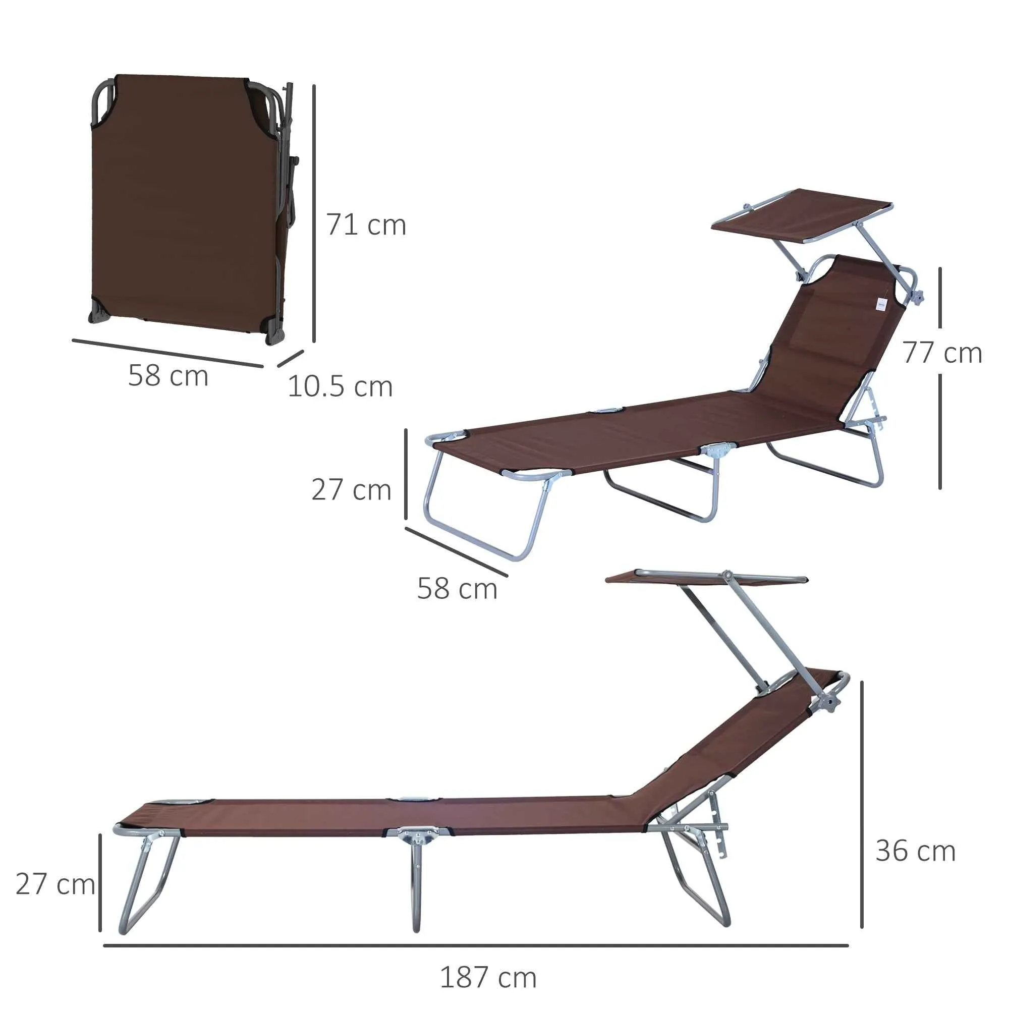 Outsunny Outdoor Lounger, Folding and Adjustable Outdoor Deck Chair with Brown Fabric Canopy, 187x58x36cm - Image 3