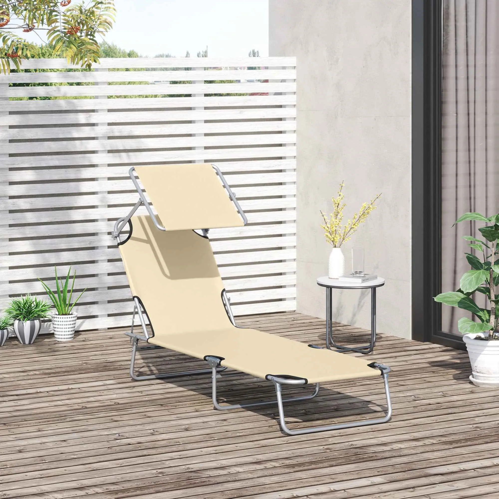 Outsunny Folding Garden Lounger with Adjustable Canopy and 4-Level Reclining Backrest, Beige - Image 2