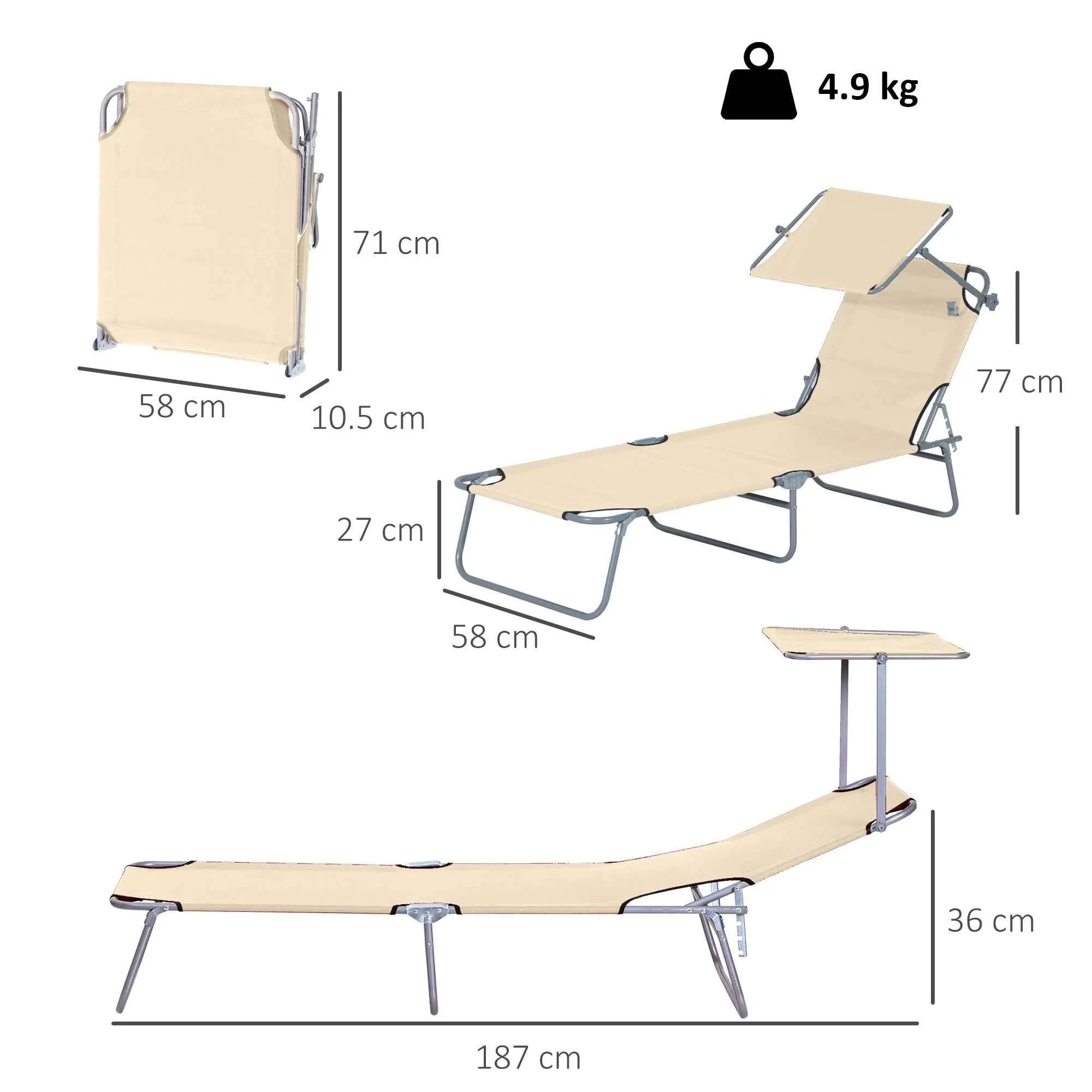 Outsunny Folding Garden Lounger with Adjustable Canopy and 4-Level Reclining Backrest, Beige - Image 3